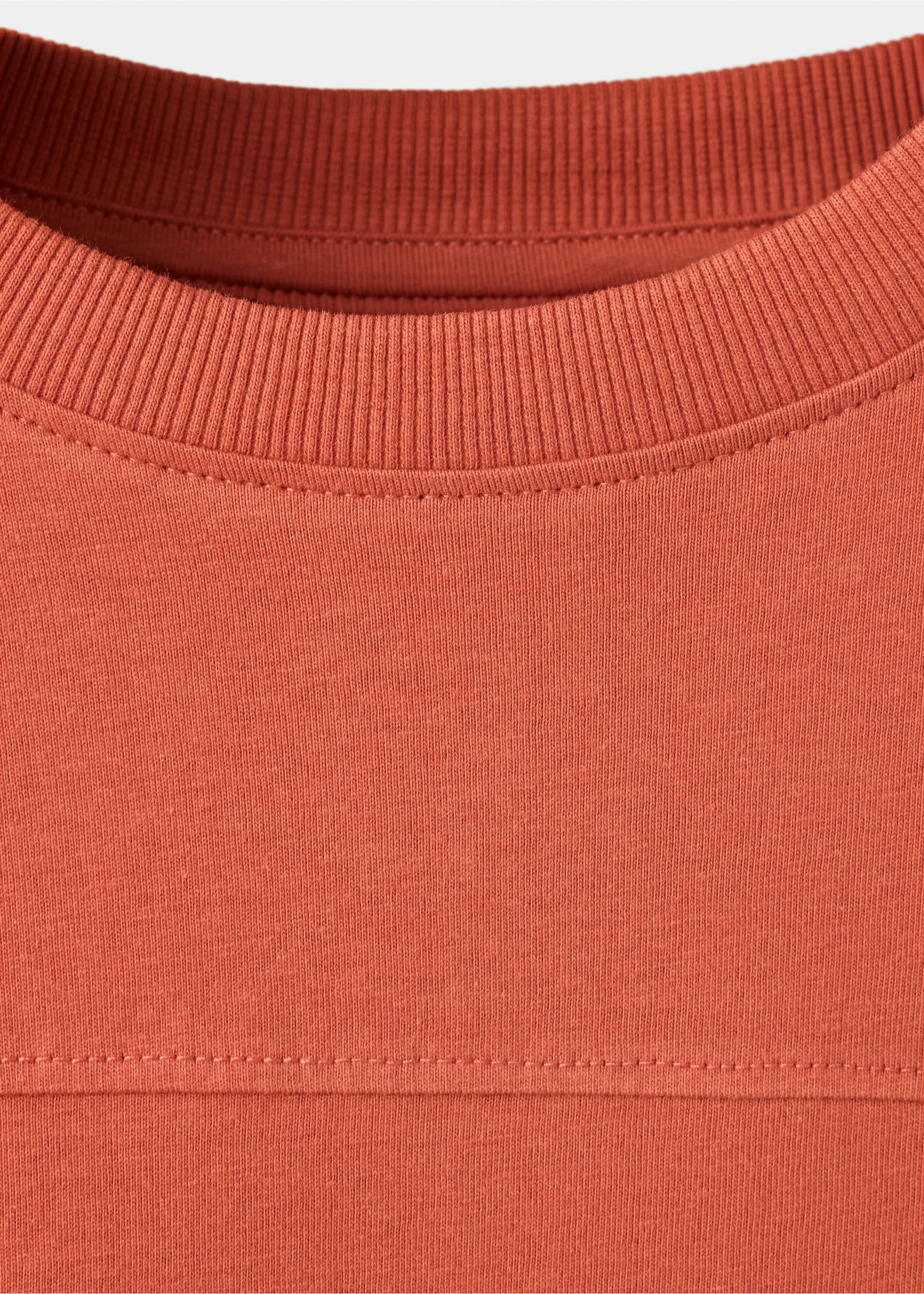 Rust-orange kids' t-shirt detail focusing on the ribbed crew neck collar., Russet. Ref: 37058632-00.