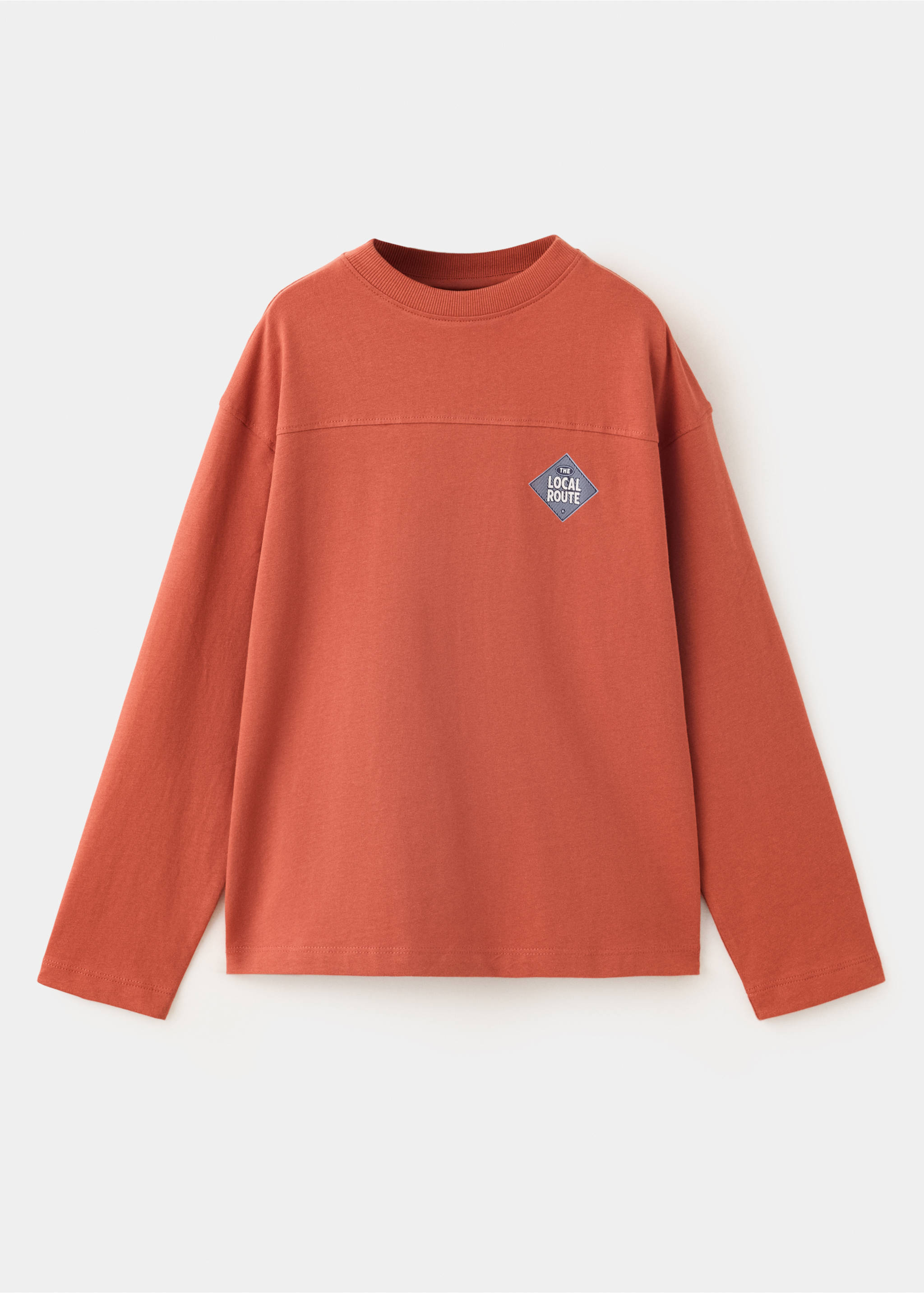 Brick-red kids' long-sleeve t-shirt with crew neck and chest patch., Russet. Ref: 37058632-00.