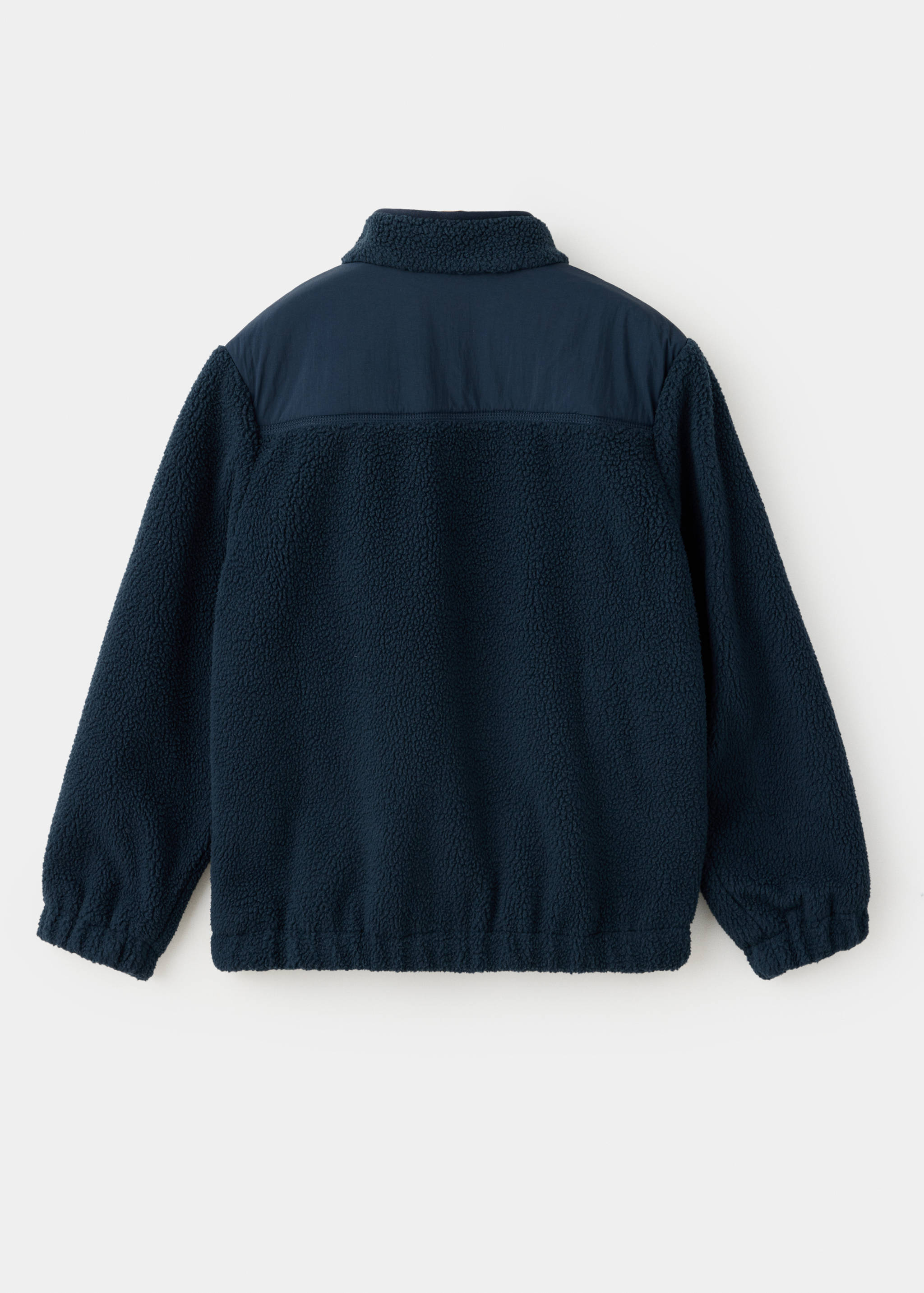 Dark blue kids' fleece jacket shown from the back, with a smooth yoke panel.
