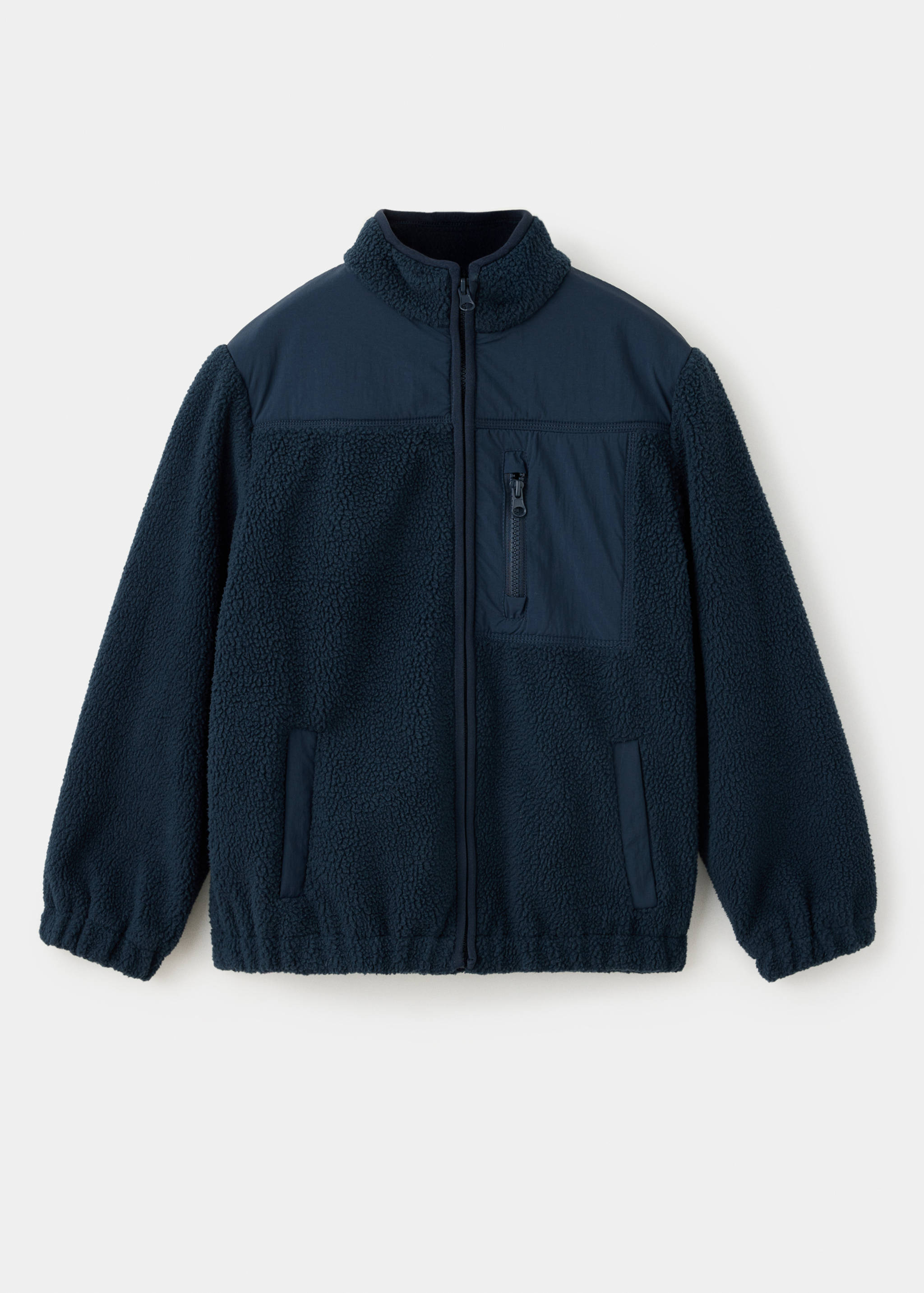 Navy blue fleece jacket with high collar, smooth upper chest panel, and zip pockets.