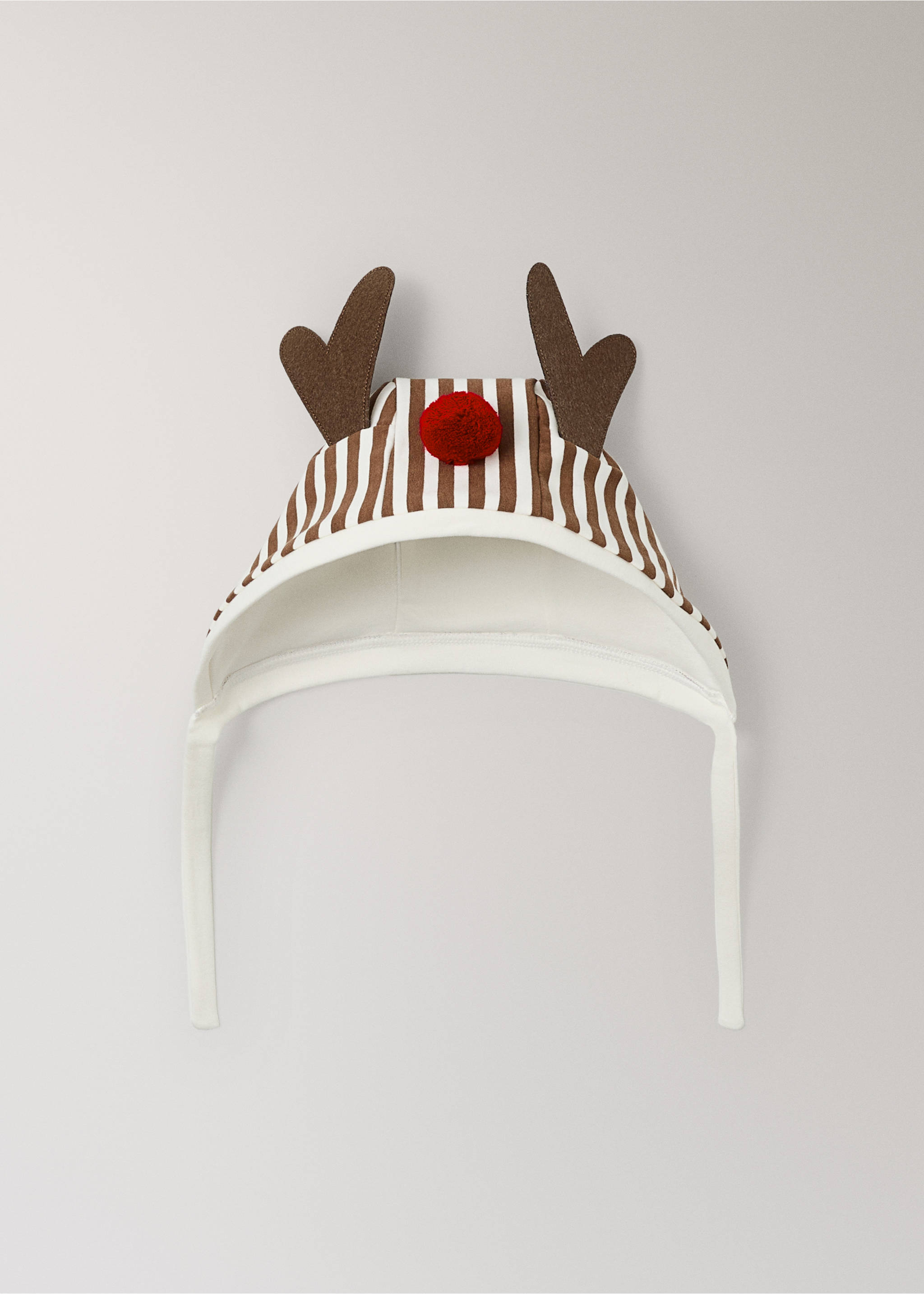 Brown and white striped baby bonnet featuring felt antlers and a red pom-pom., Off White. Ref: 37058638-00.