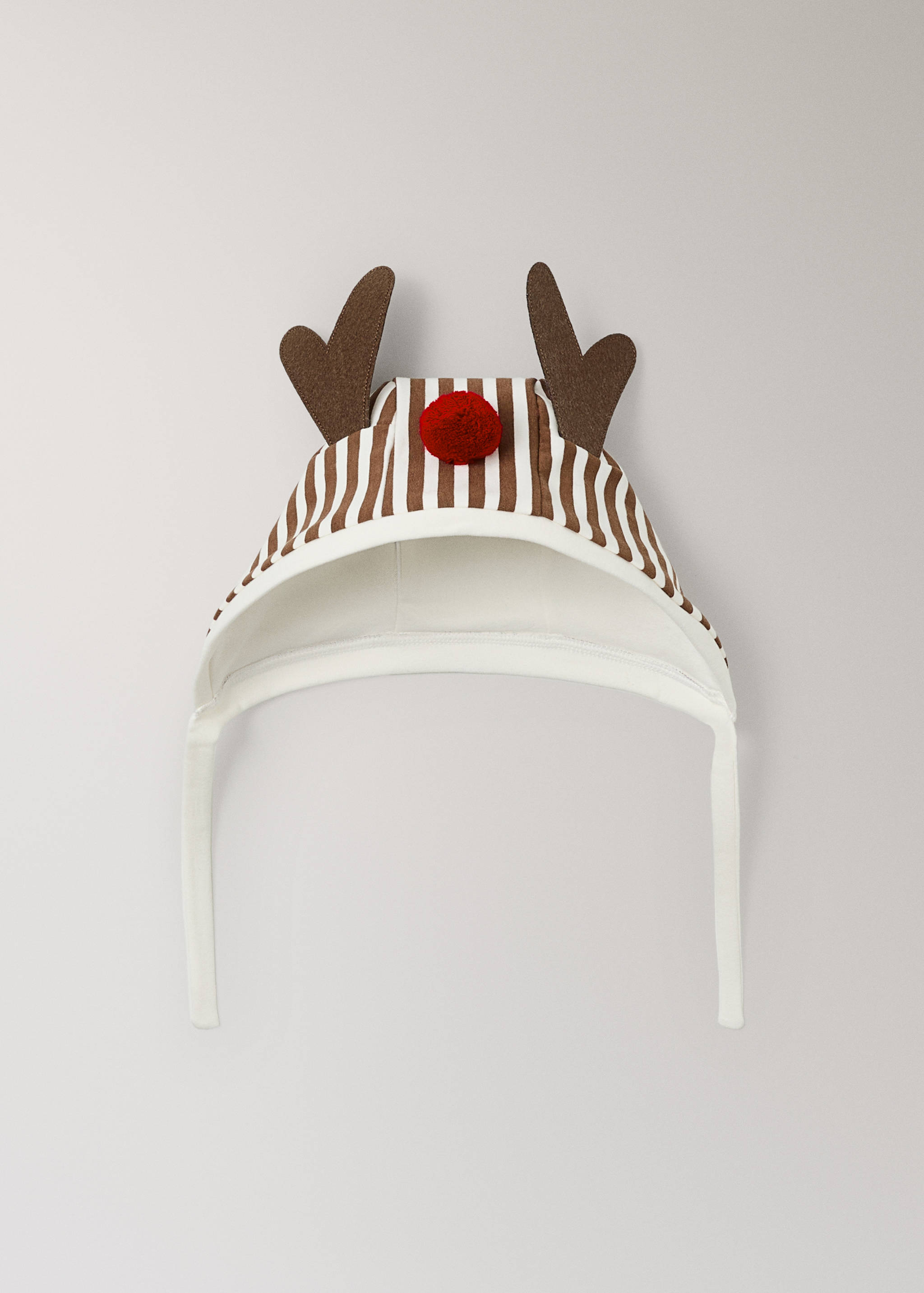 Brown and white striped baby bonnet featuring felt antlers and a red pom-pom.