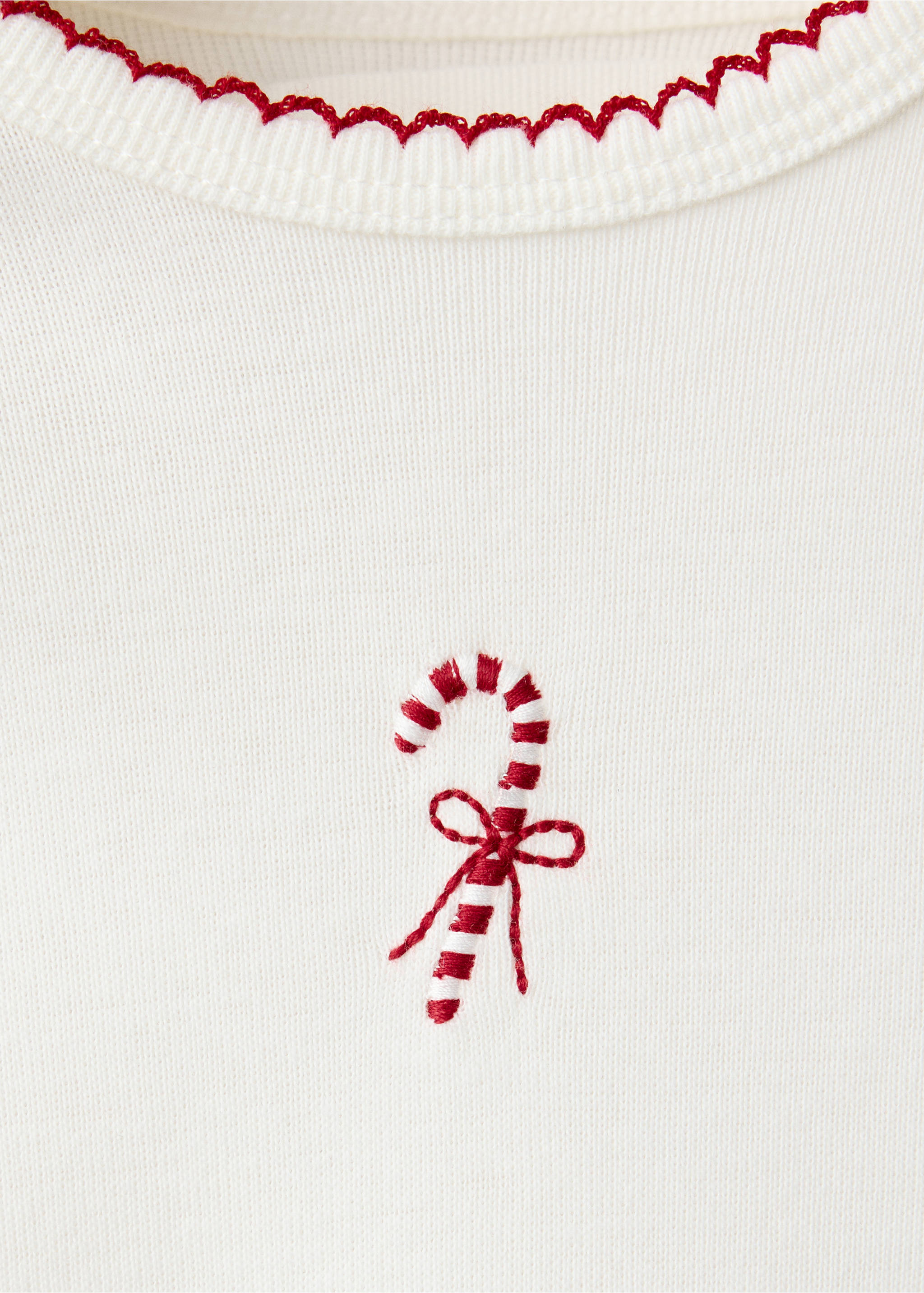 Off-white body with red scalloped trim and candy cane embroidery., Red. Ref: 37058639-00.
