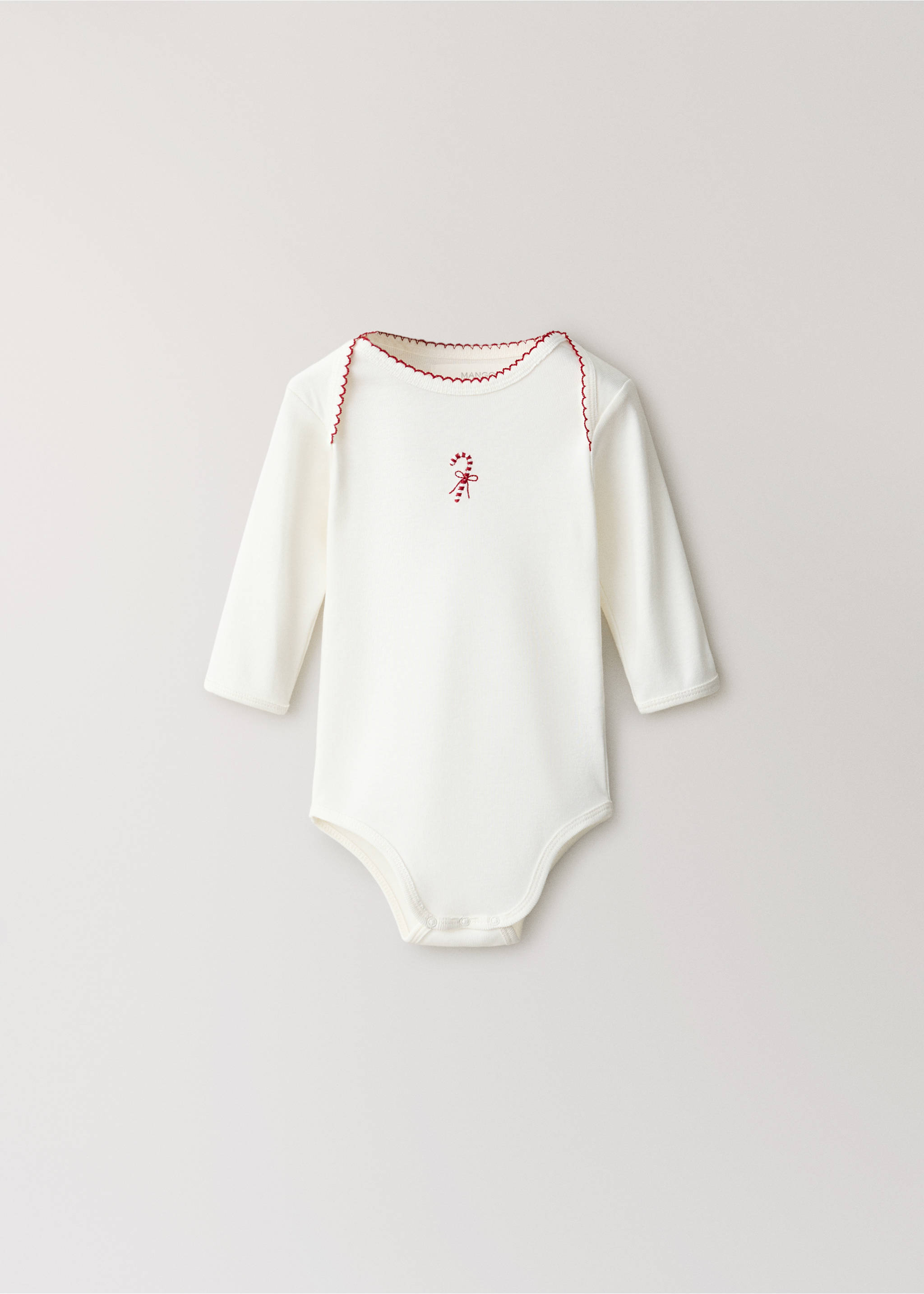 White long-sleeved baby body with red scalloped trim and candy cane embroidery., Red. Ref: 37058639-00.