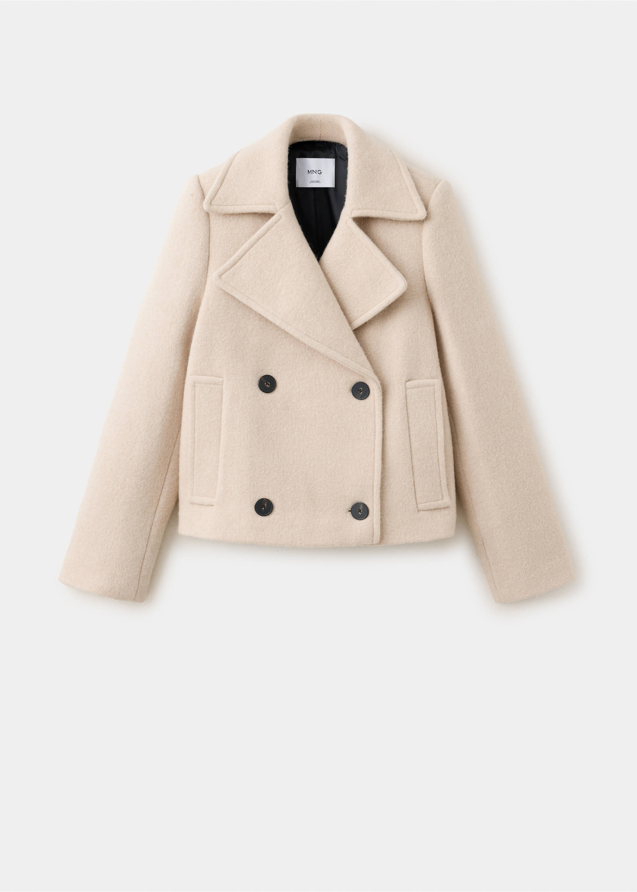 Beige double-breasted cropped jacket with lapels and dark buttons., Beige. Ref: 37058640-00.