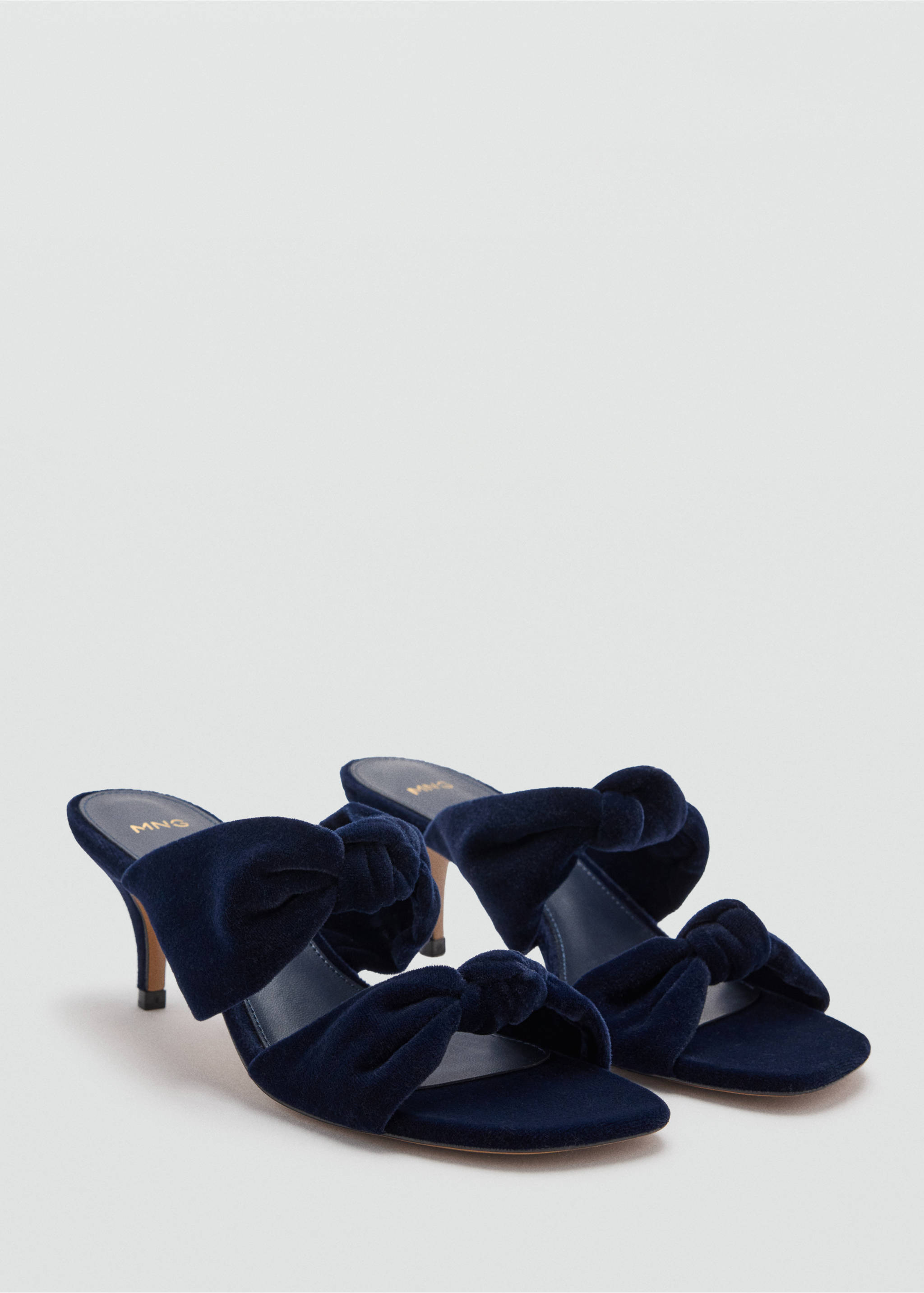 Dark blue velvet sandals with a high heel, square toe and knotted bow detail., Night Blue. Ref: 37059113-00.