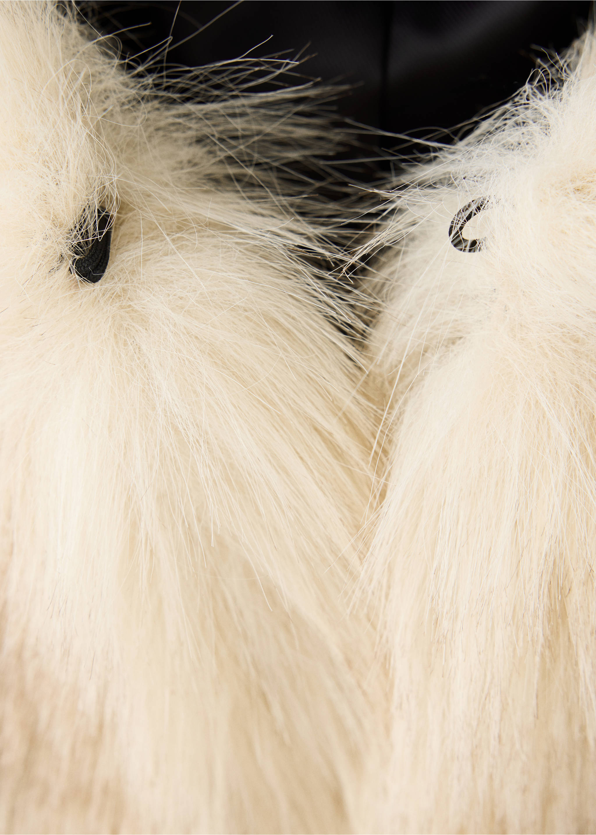 Close-up of an off-white faux-fur jacket collar detail., Black. Ref: 37059114-00.