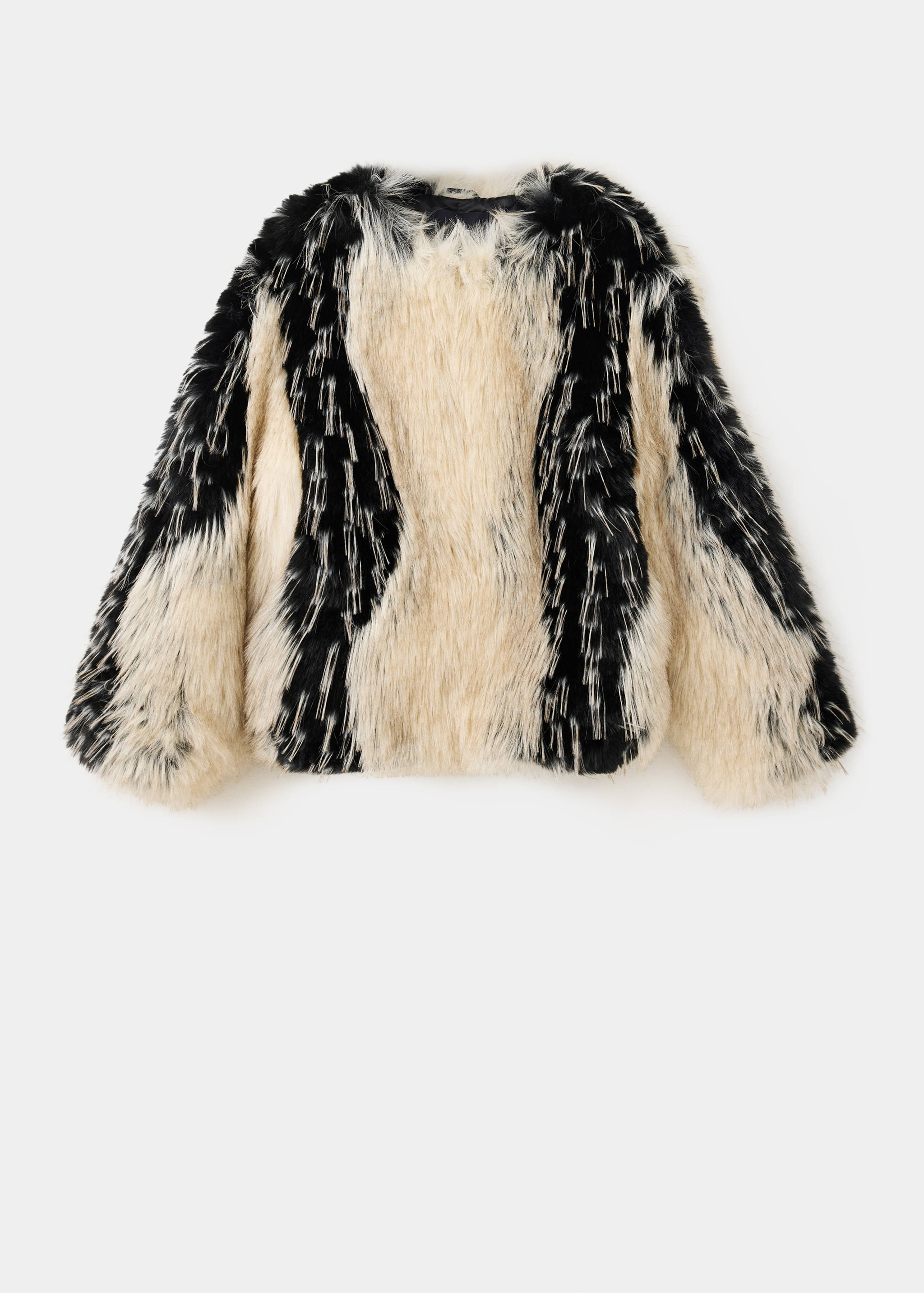 Black and cream faux-fur jacket with a round neckline.