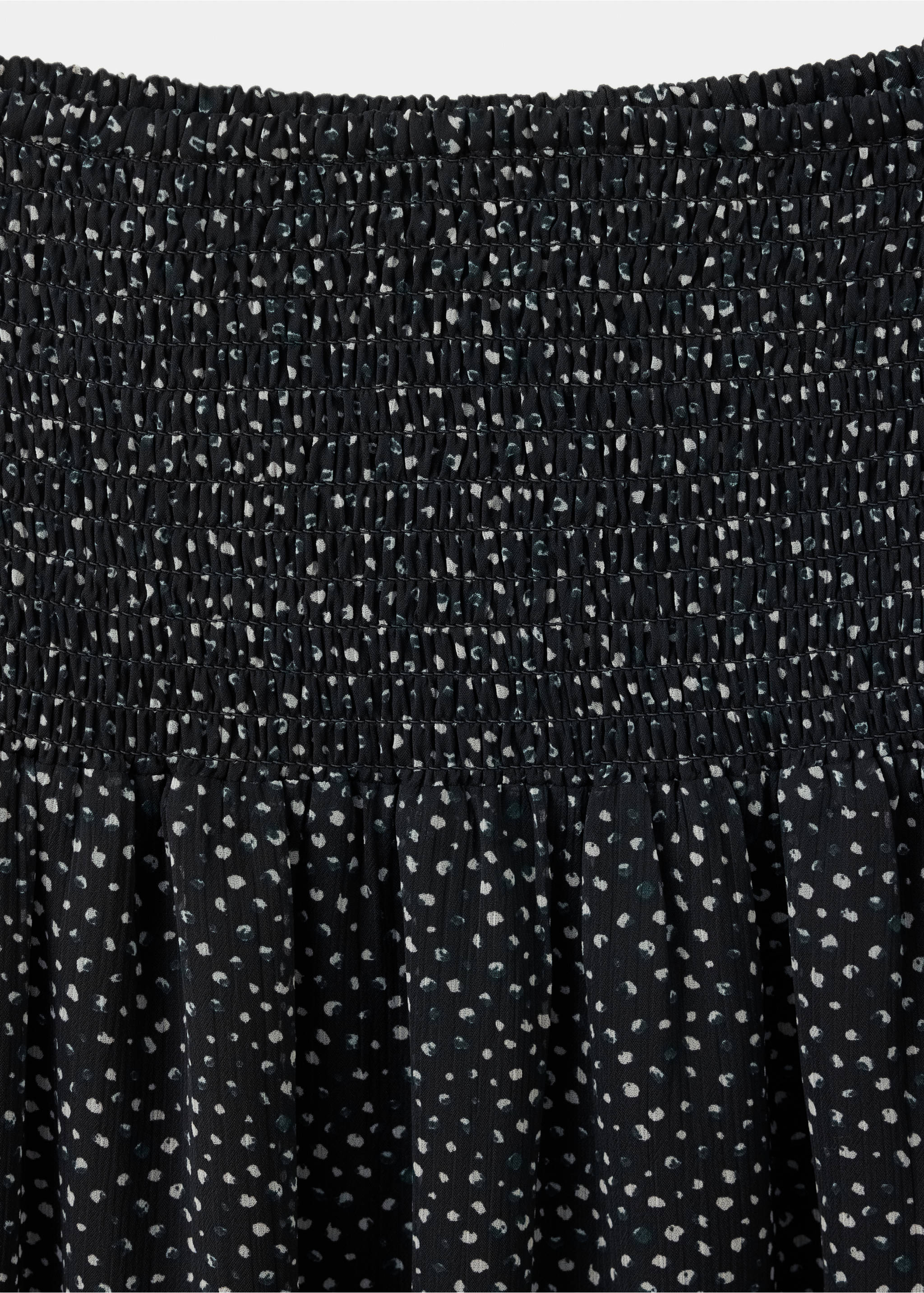 Detalle de falda negra con cintura elástica fruncida y estampado de lunares blancos y verde azulado., Azul marino. Ref: 37059116-00.