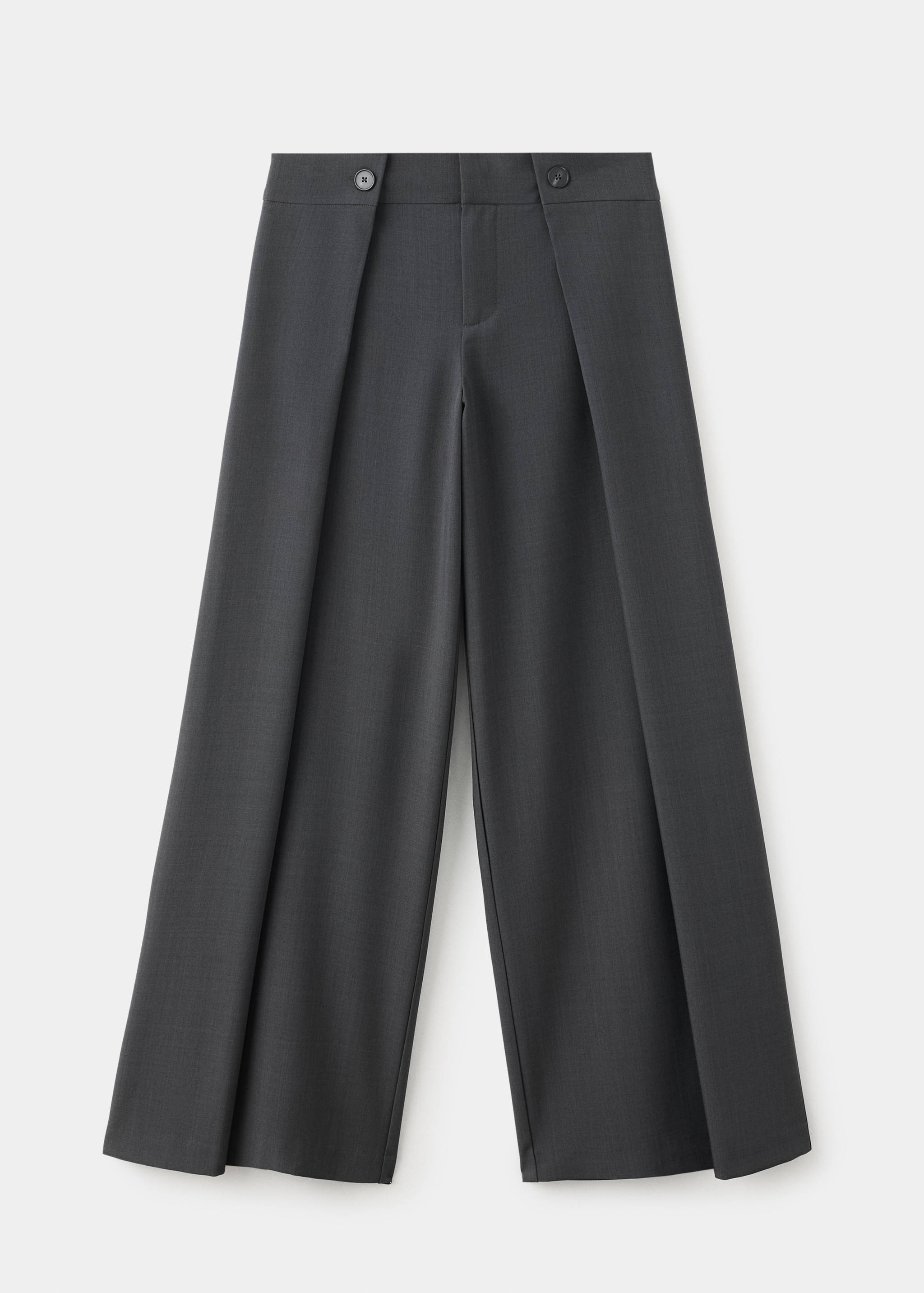 Dark grey straight-leg trousers with structured front pleats.