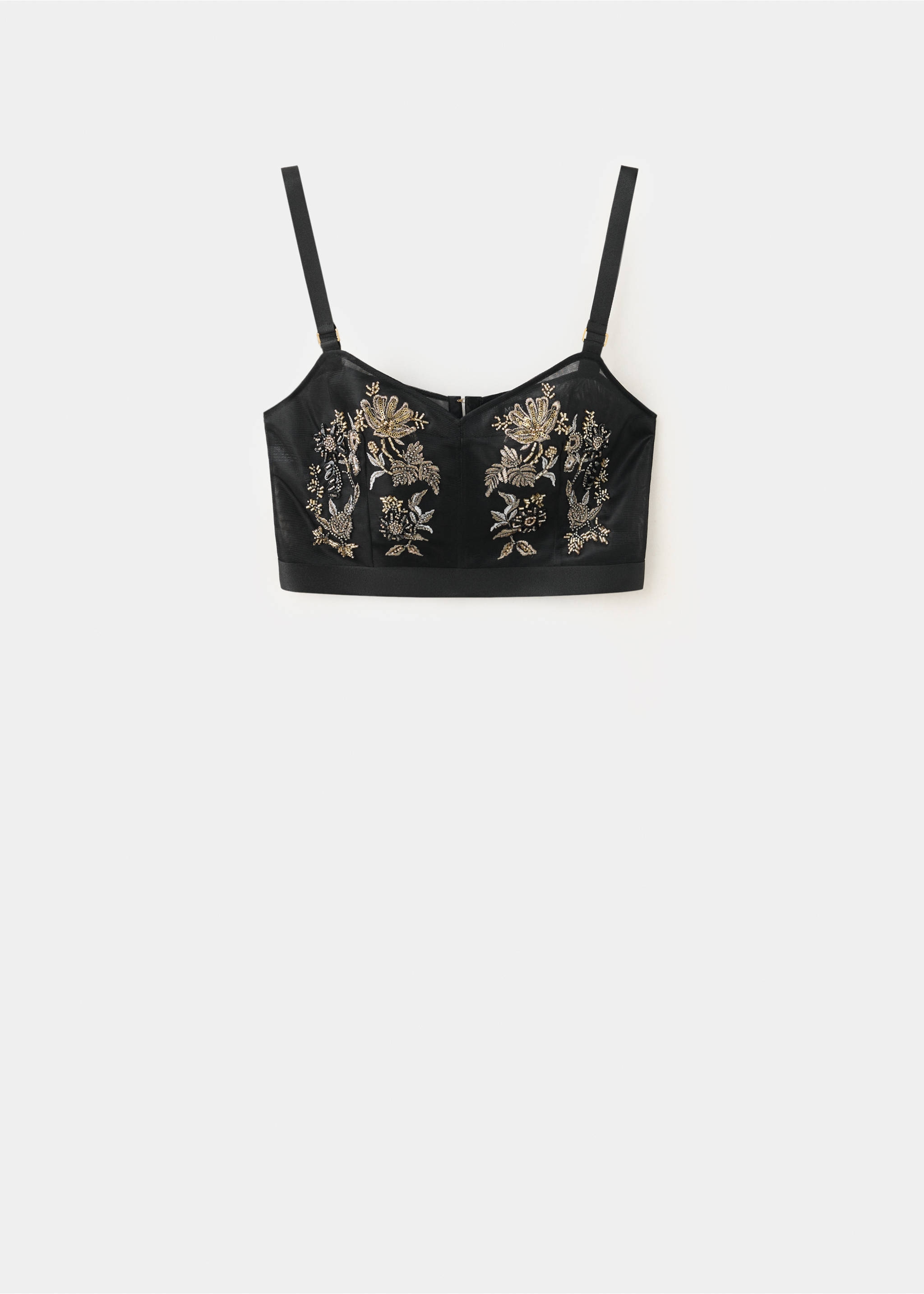 Black crop top with adjustable straps and gold floral embroidery., Black. Ref: 37059118-00.