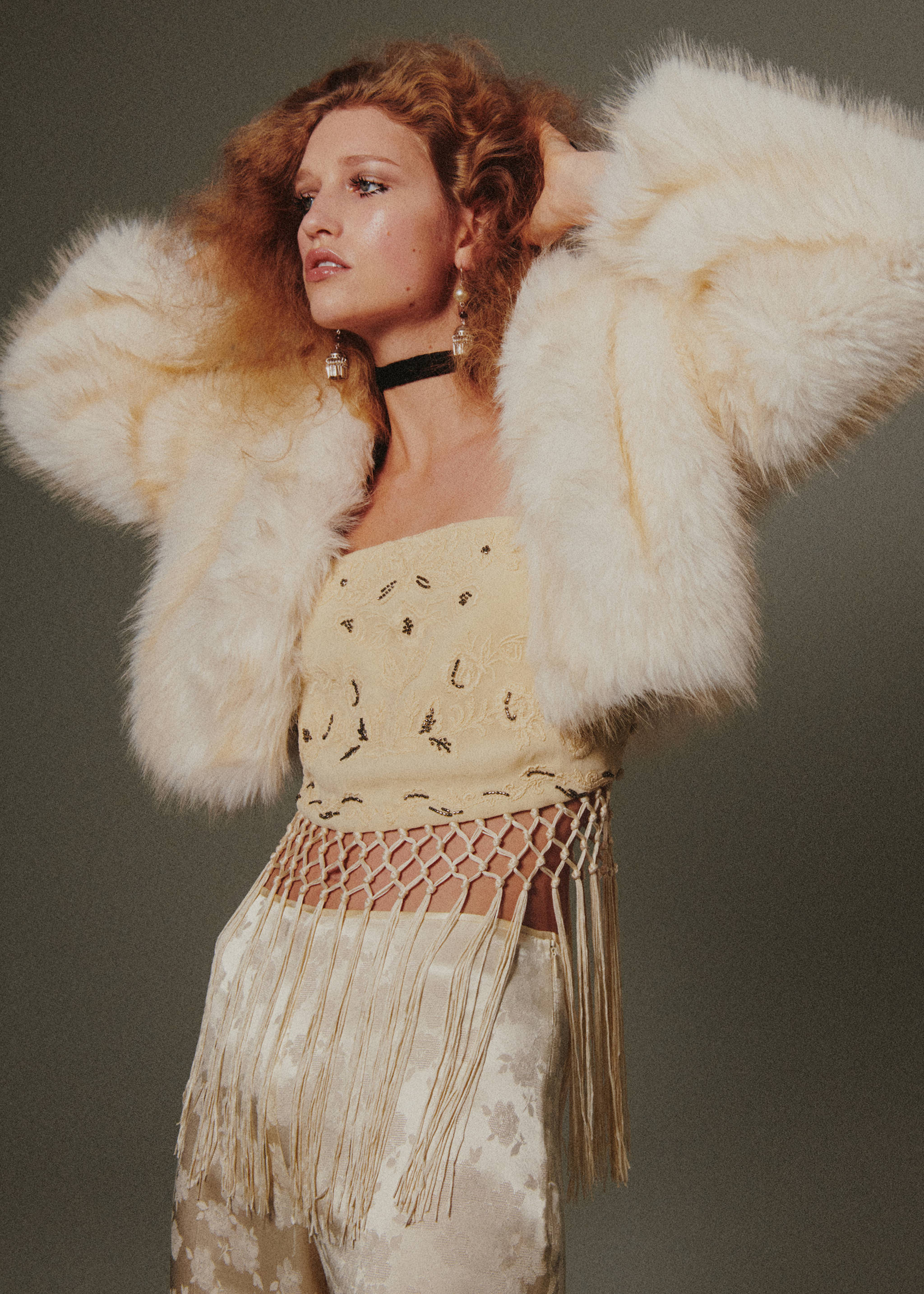 Pale yellow embellished strapless top with a macramé fringe hem., Ecru. Ref: 37059119-00.
