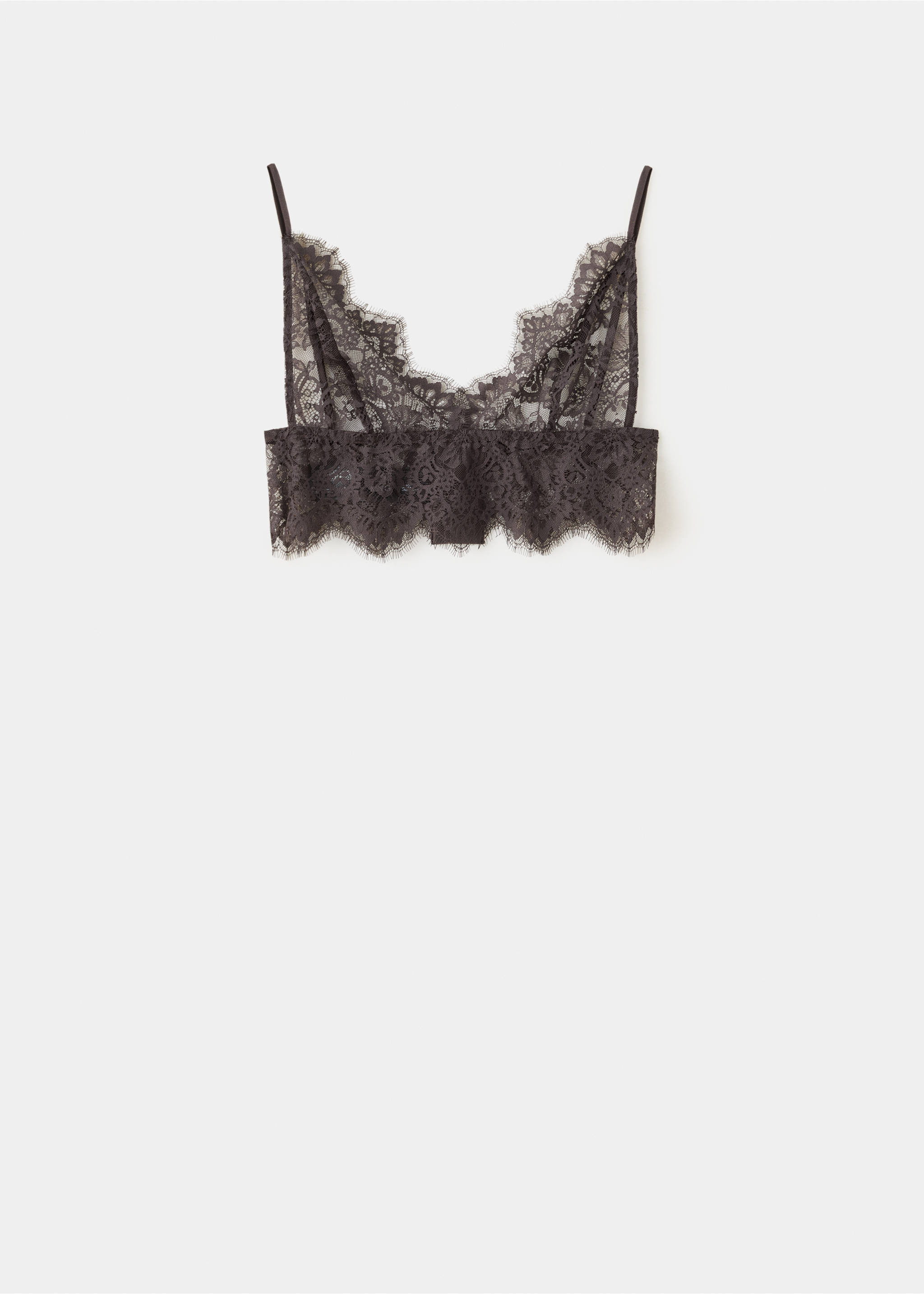 Dark grey lace bralette top with thin straps and scalloped edges., Brown. Ref: 37059120-00.
