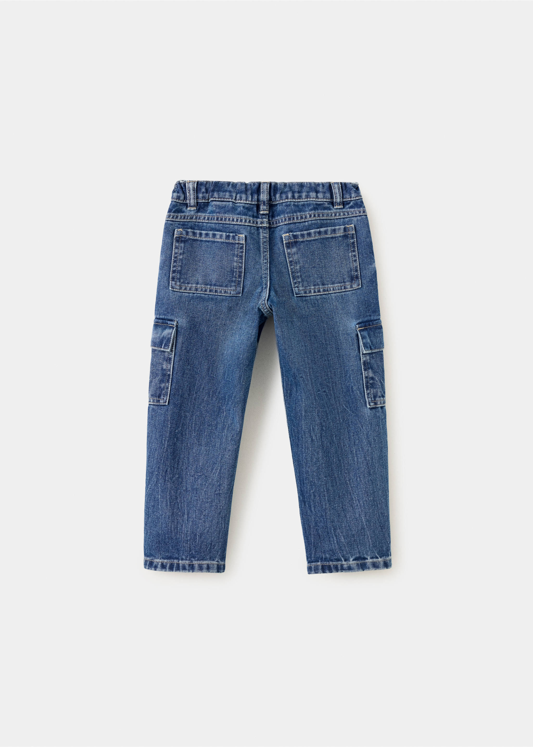 Blue denim trousers shown from the back with utility pockets., Dark Blue. Ref: 37059121-00.