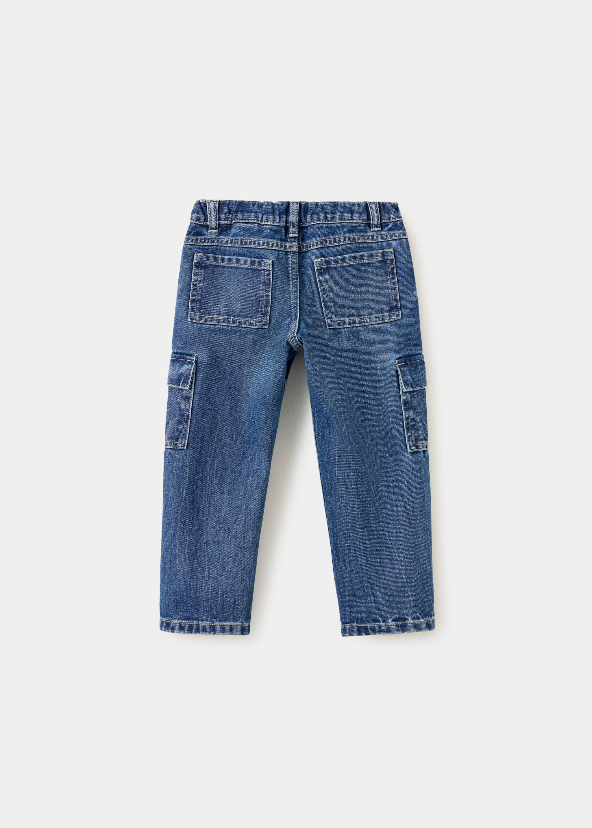 Blue denim trousers shown from the back with utility pockets.