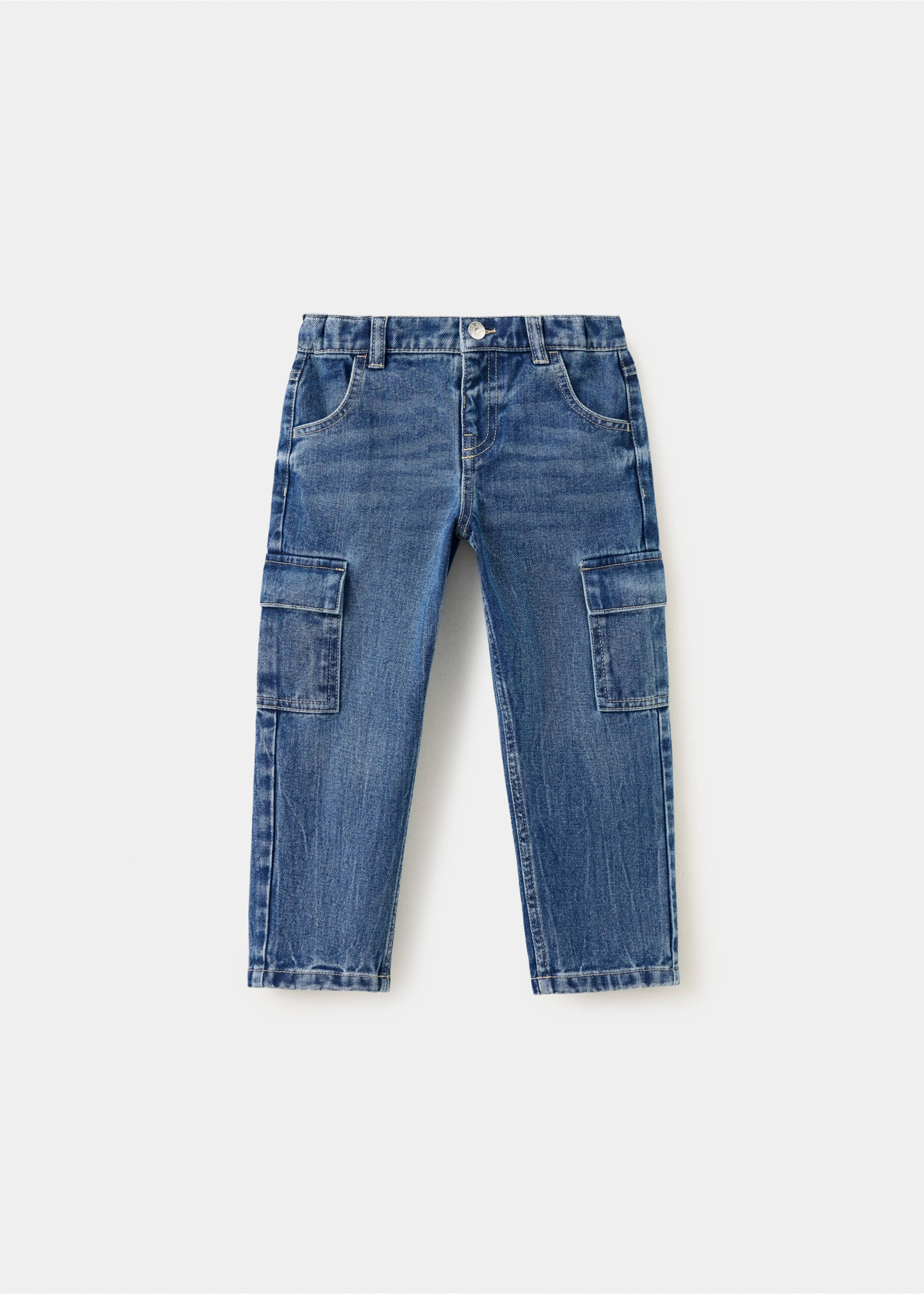 Blue denim cargo trousers with utility pockets and a straight-leg fit., Dark Blue. Ref: 37059121-00.