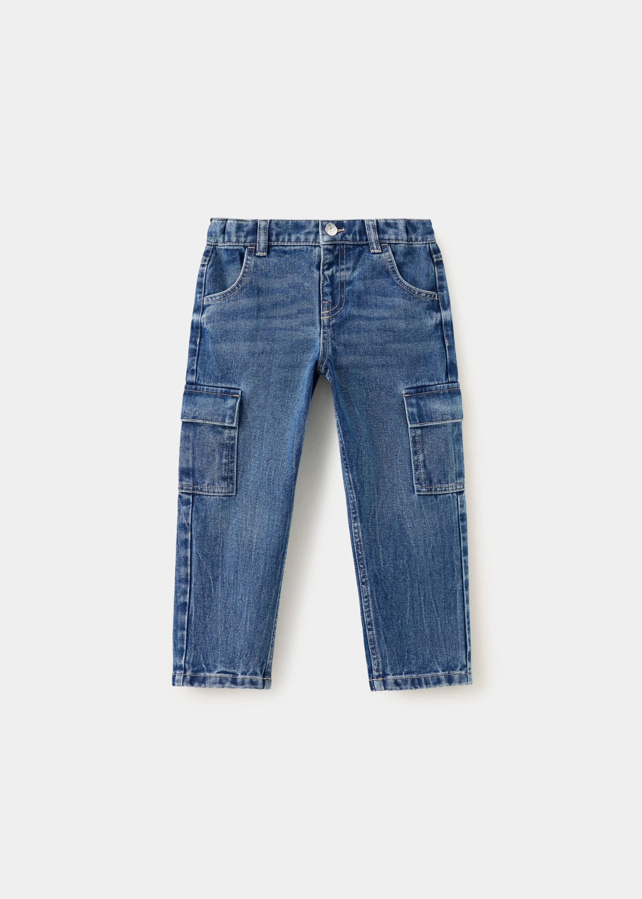 Blue denim cargo trousers with utility pockets and a straight-leg fit.