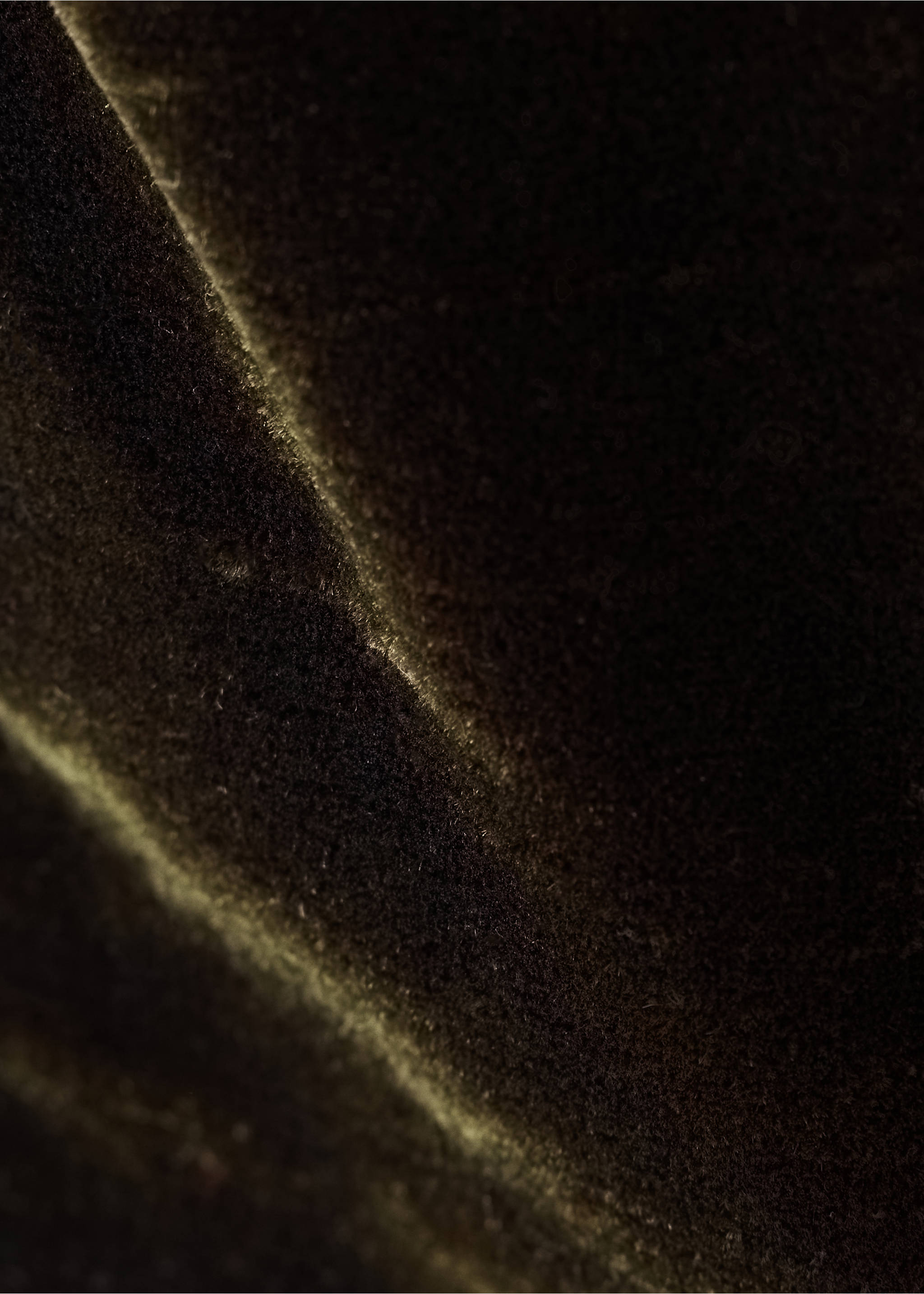 Close-up of the dark olive green velvet fabric texture of shorts., Olive Green. Ref: 37059122-00.