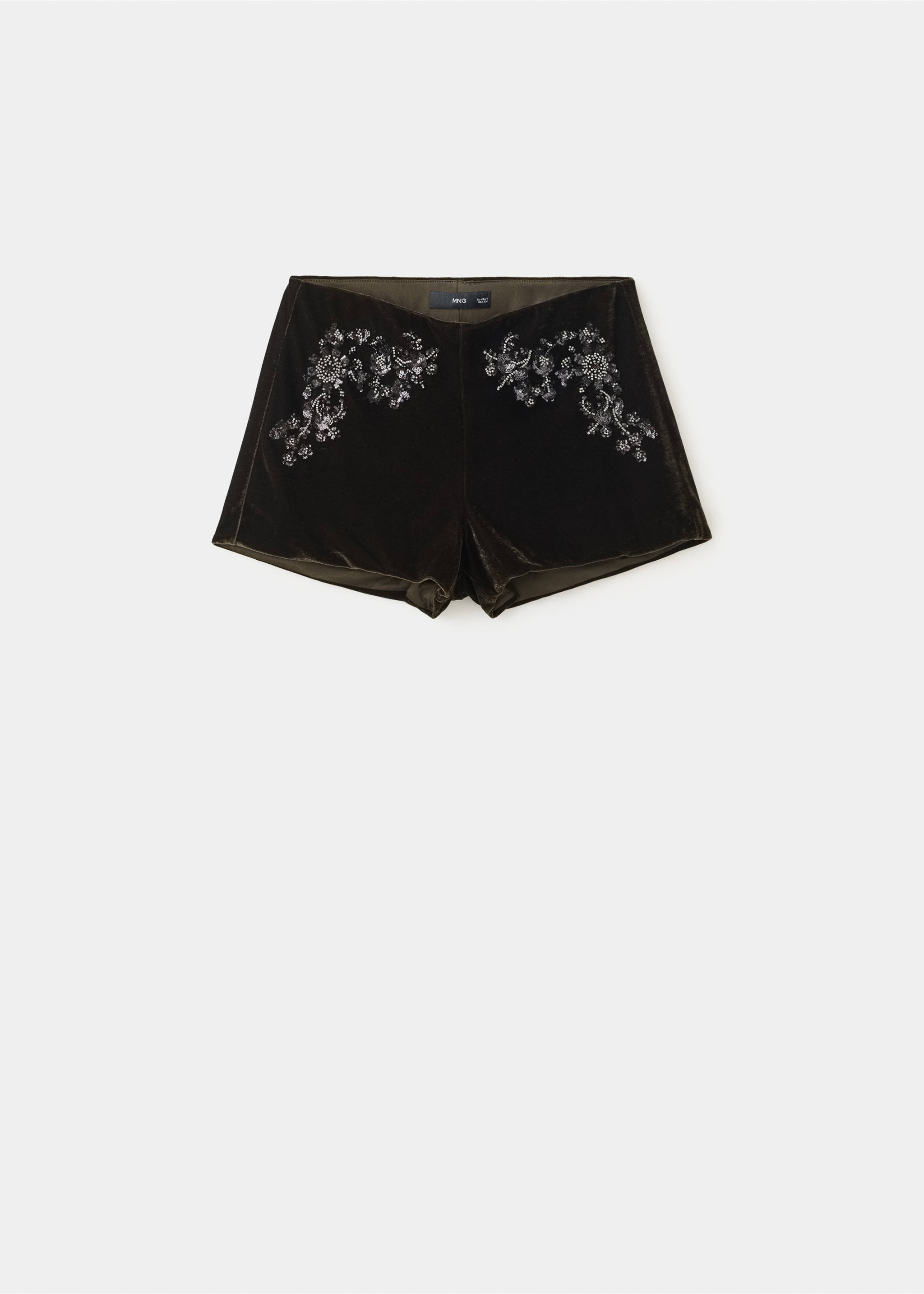 Dark olive-green velvet shorts featuring intricate beaded floral embroidery on the front., Olive Green. Ref: 37059122-00.