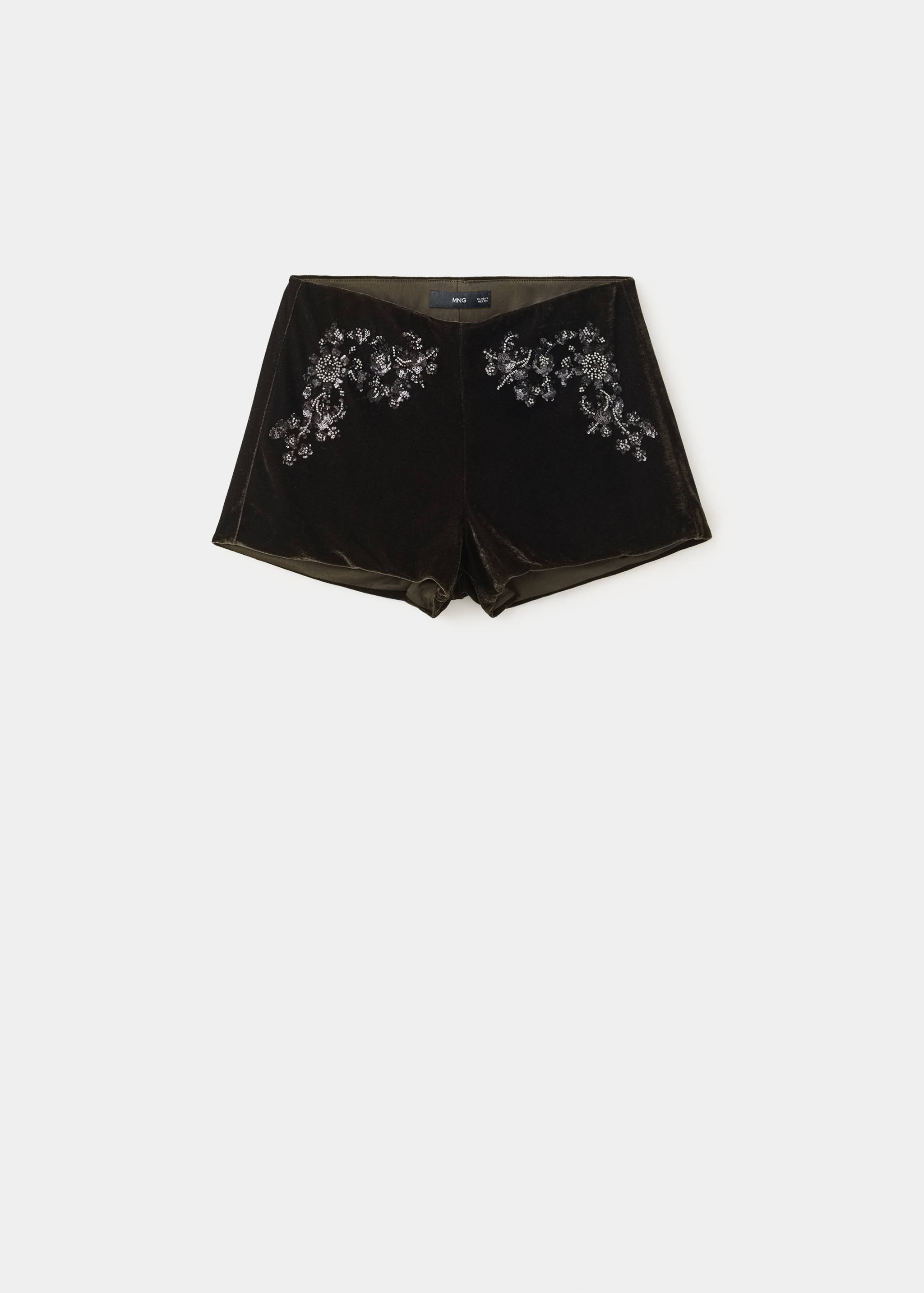 Dark olive-green velvet shorts featuring intricate beaded floral embroidery on the front.