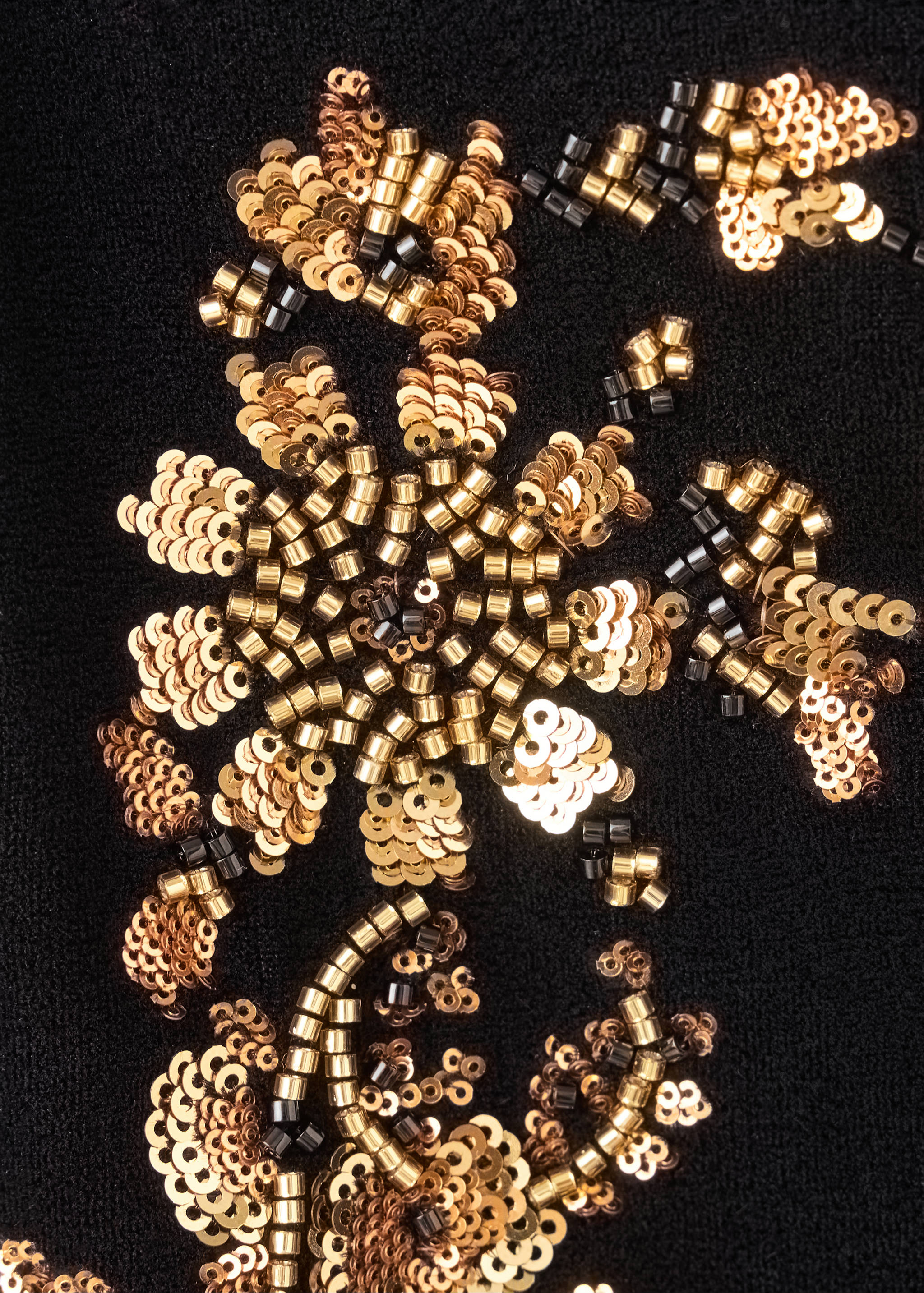 Close-up of black fabric with gold and bronze sequin and bead embellishment., Black. Ref: 37059122-00.
