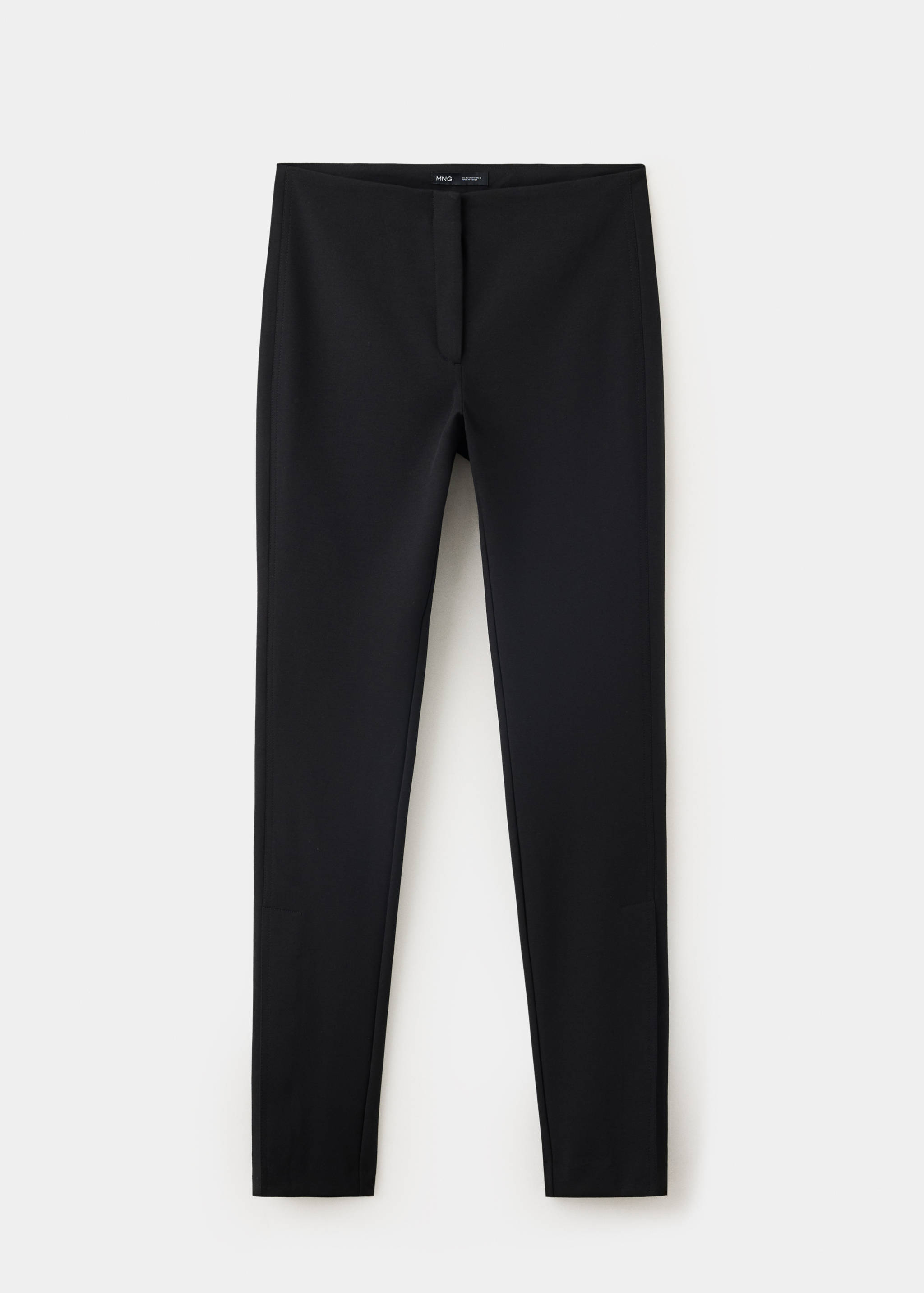 Black fitted trousers with a clean waistband and slim legs in a still-life shot.