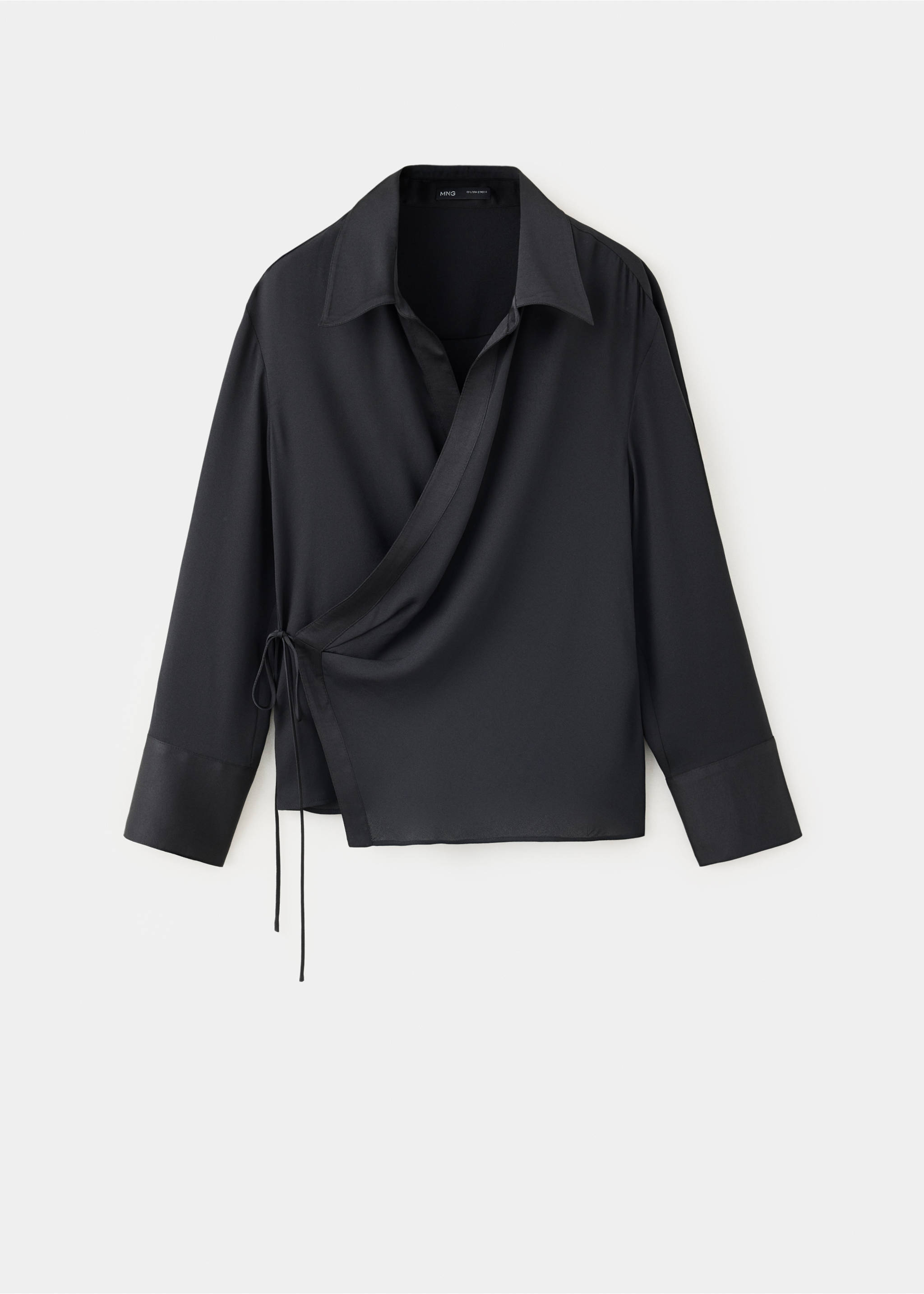 Black wrap-style long-sleeved shirt with a classic collar and side tie closure., Black. Ref: 37059129-00.