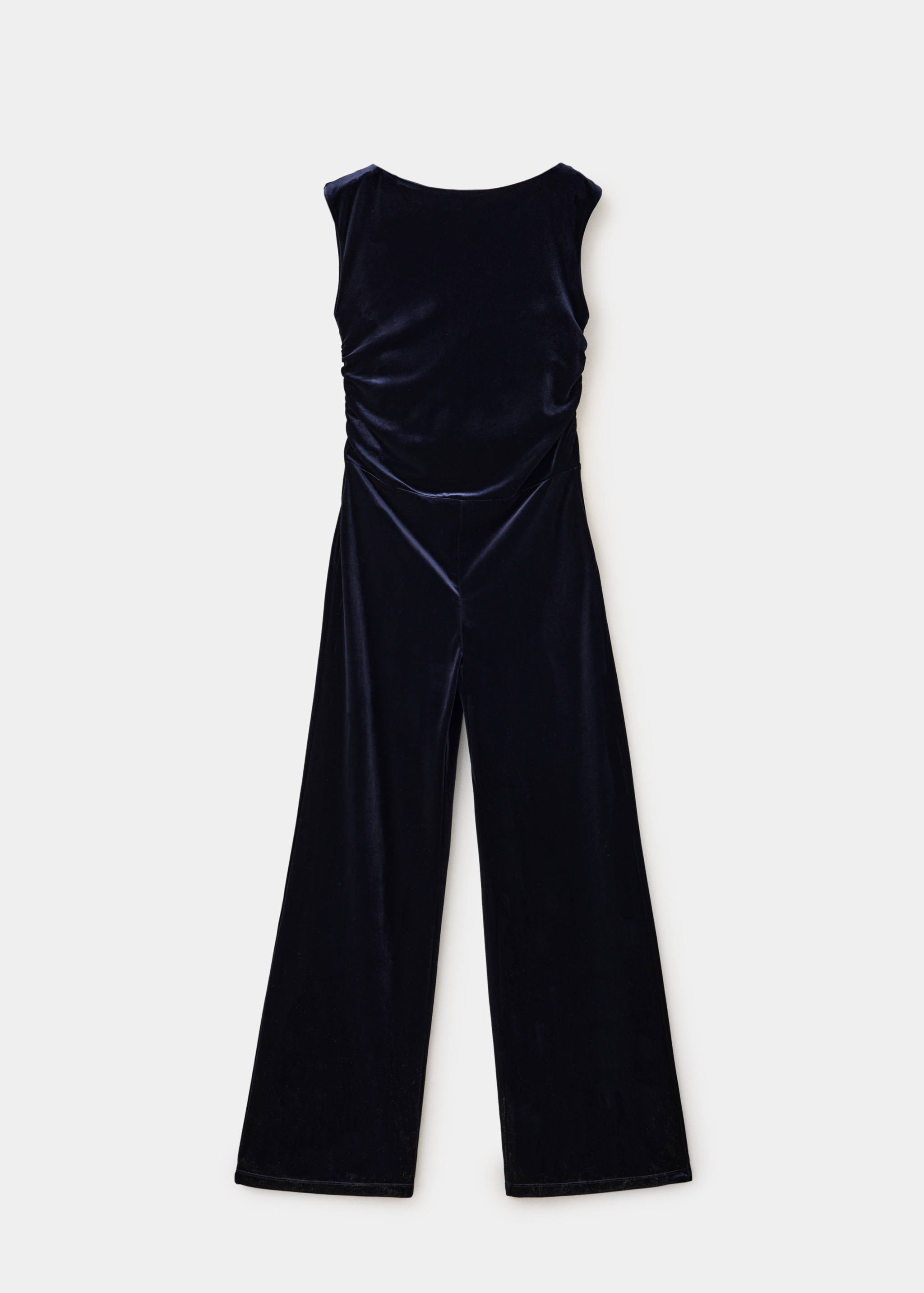 Navy blue velvet jumpsuit with sleeveless bodice, side ruching, and wide-leg trousers.