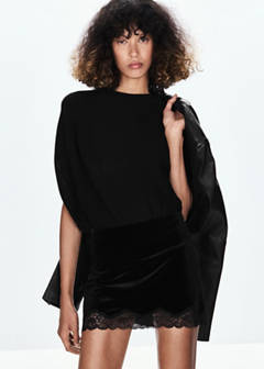 Velvet slip skirt with lace trim hem — Black 1