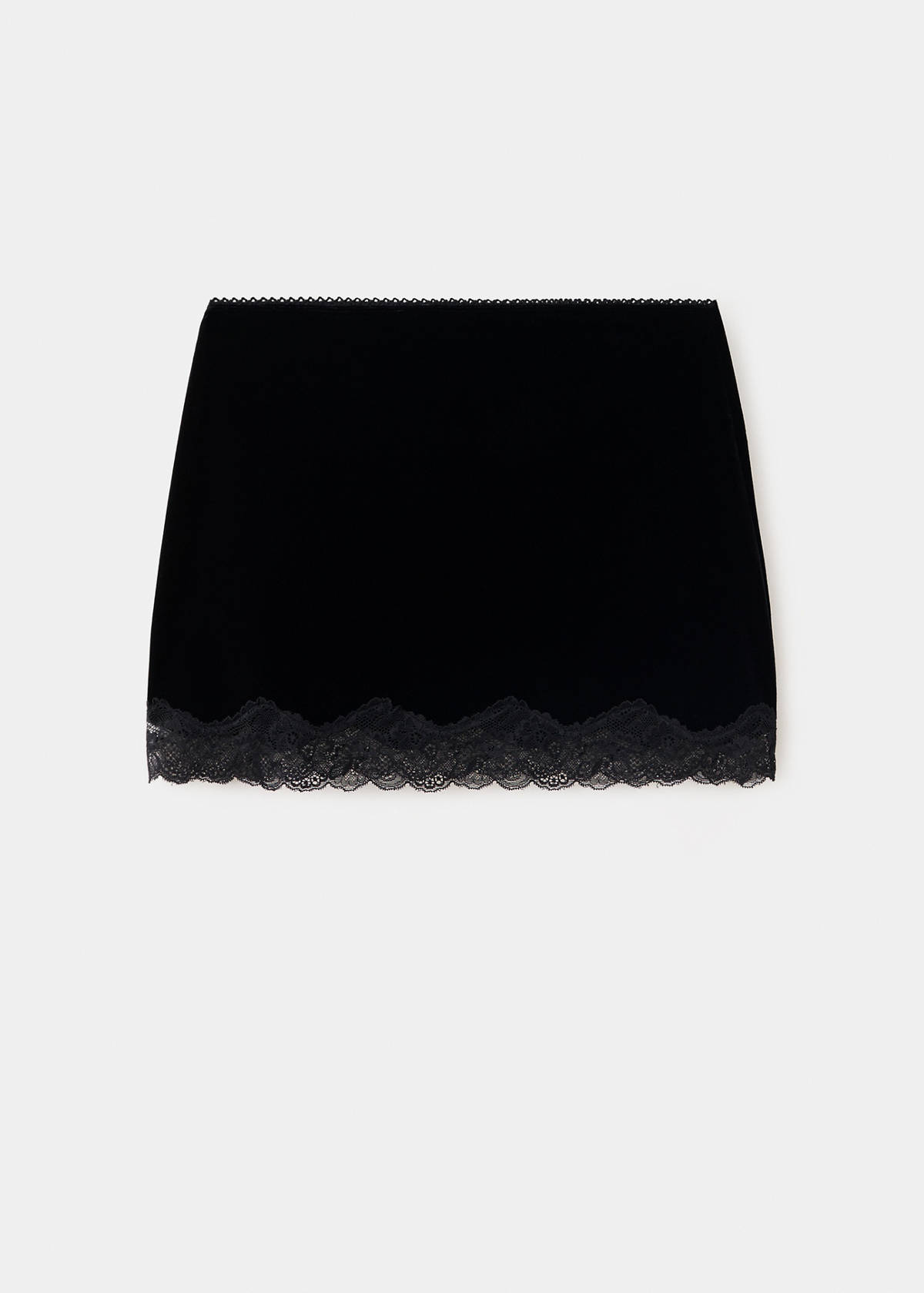Velvet slip skirt with lace trim hem — Black