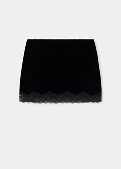 Velvet slip skirt with lace trim hem — Black 5