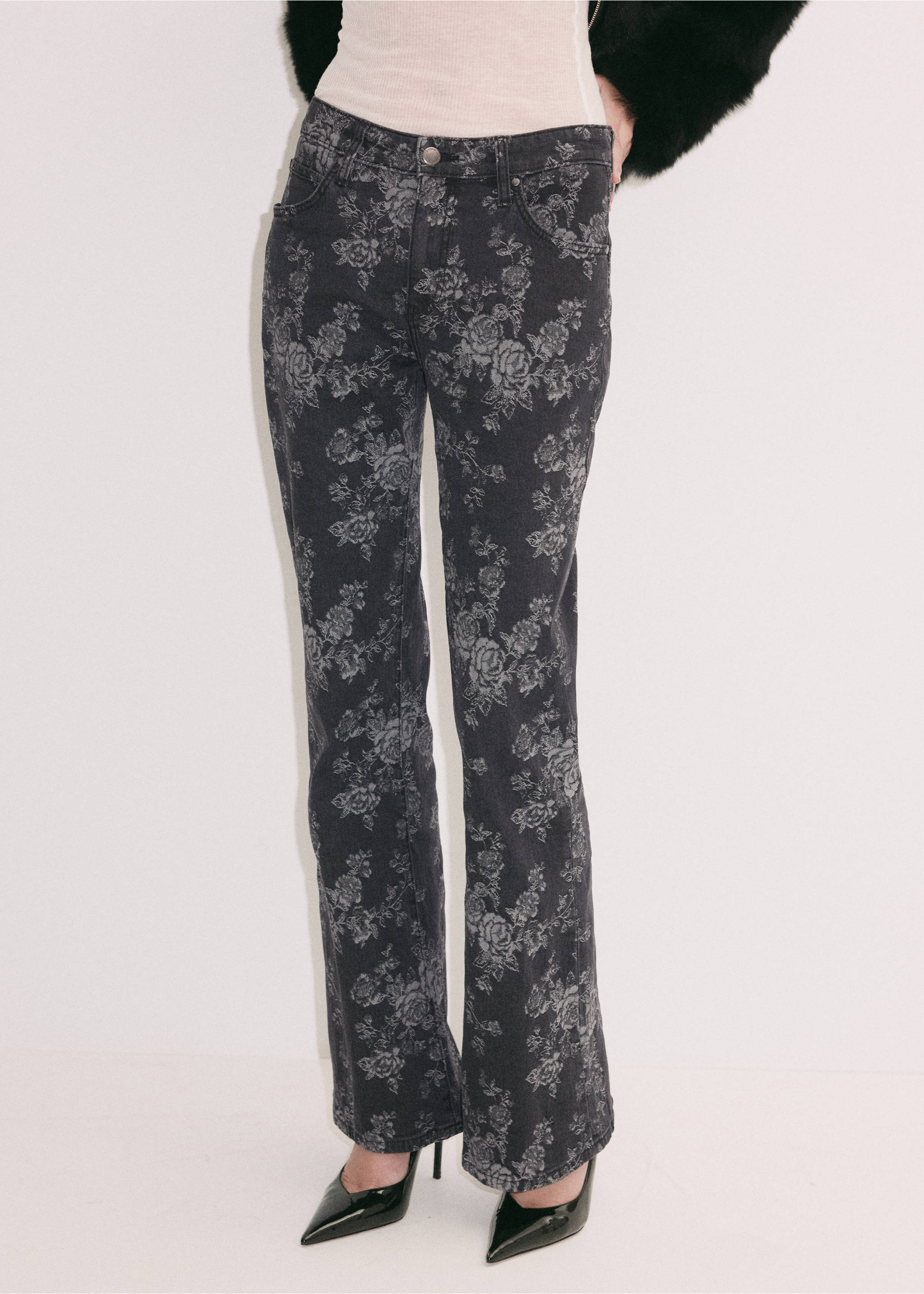 Dark grey floral-print denim trousers in a straight-leg style., Denim Grey. Ref: 37059134-00.