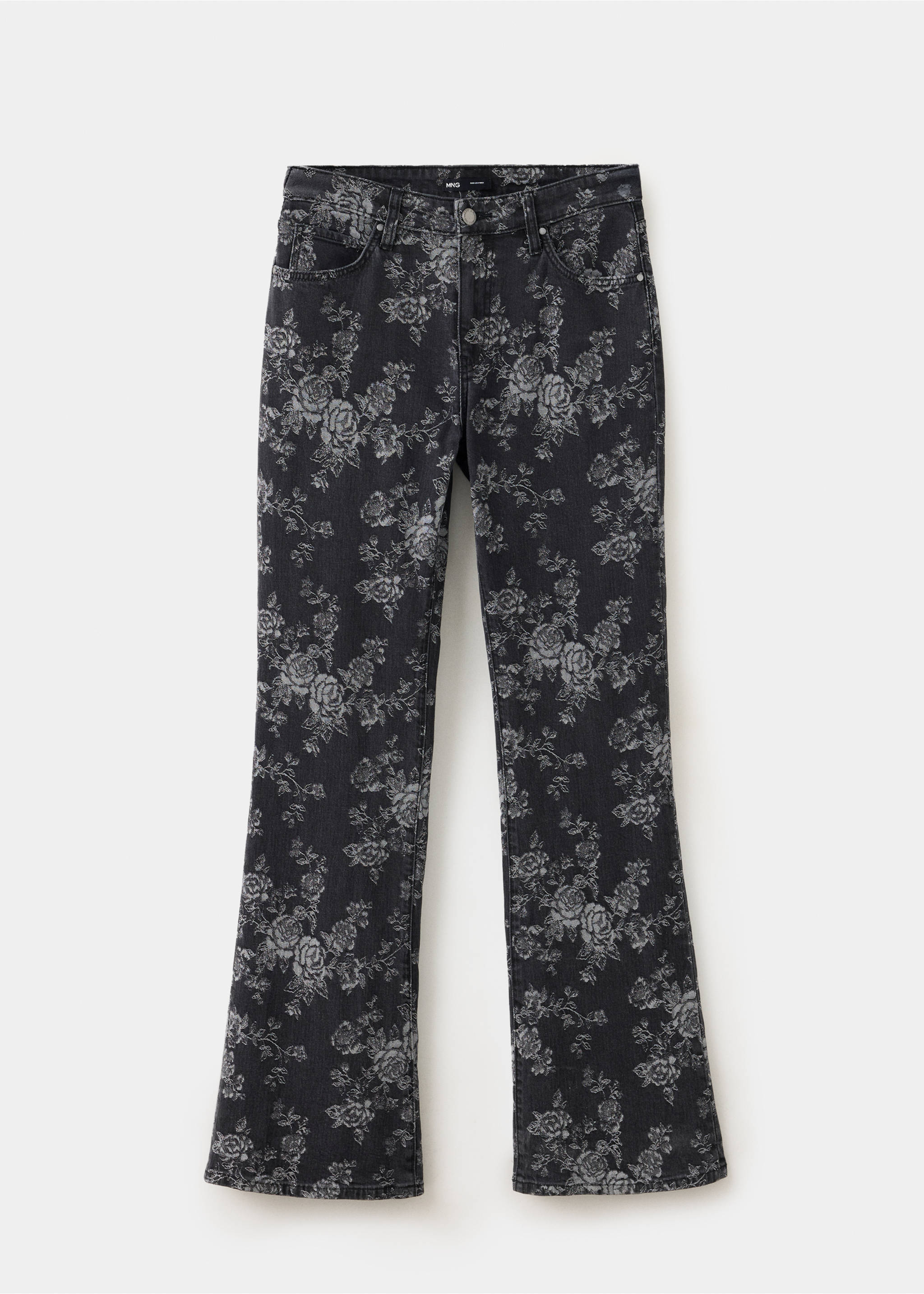 Dark grey floral print denim trousers with a classic five-pocket design., Denim Grey. Ref: 37059134-00.