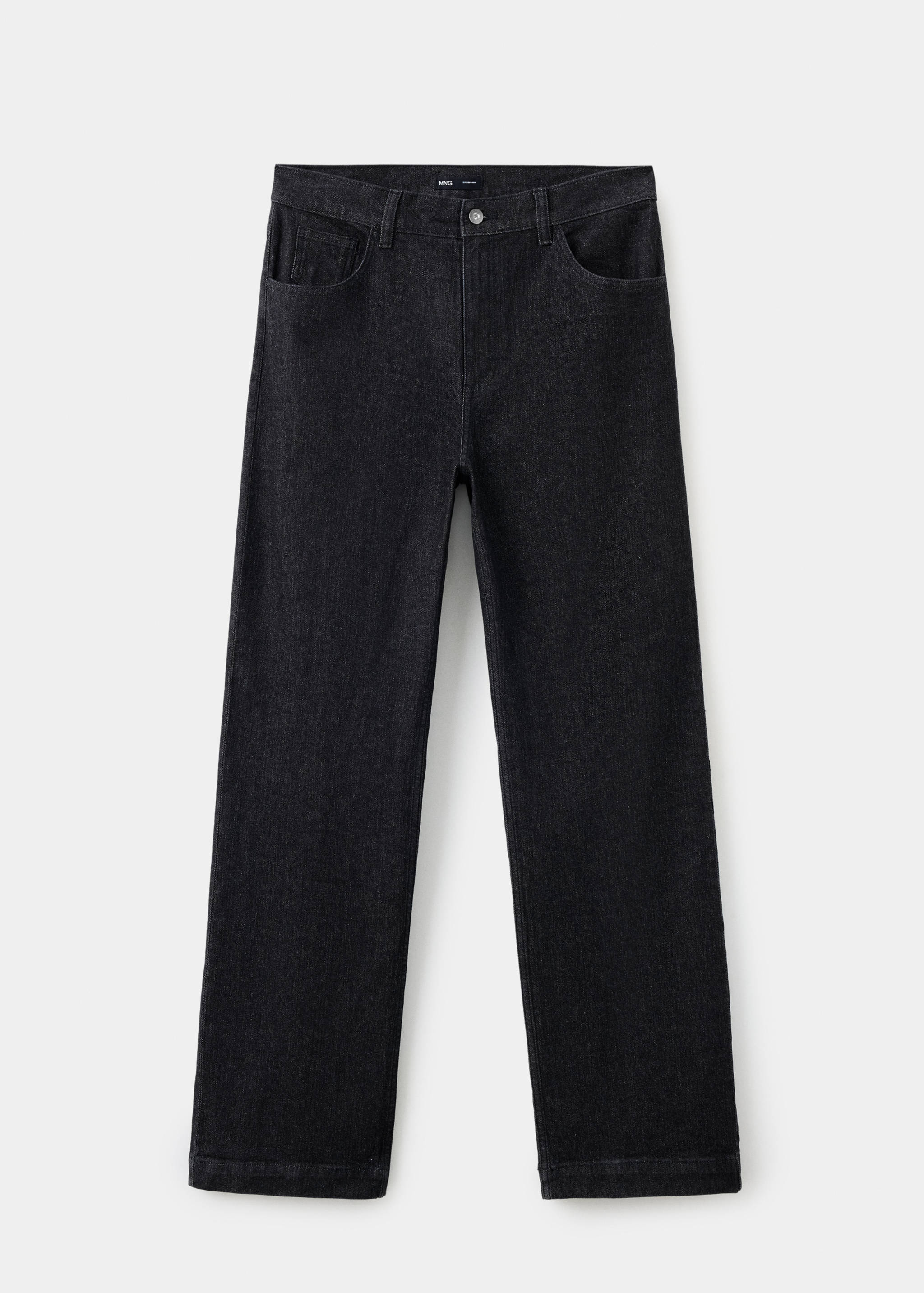 Pantalones vaqueros rectos en gris oscuro con trabillas para cinturón y bolsillos delanteros.