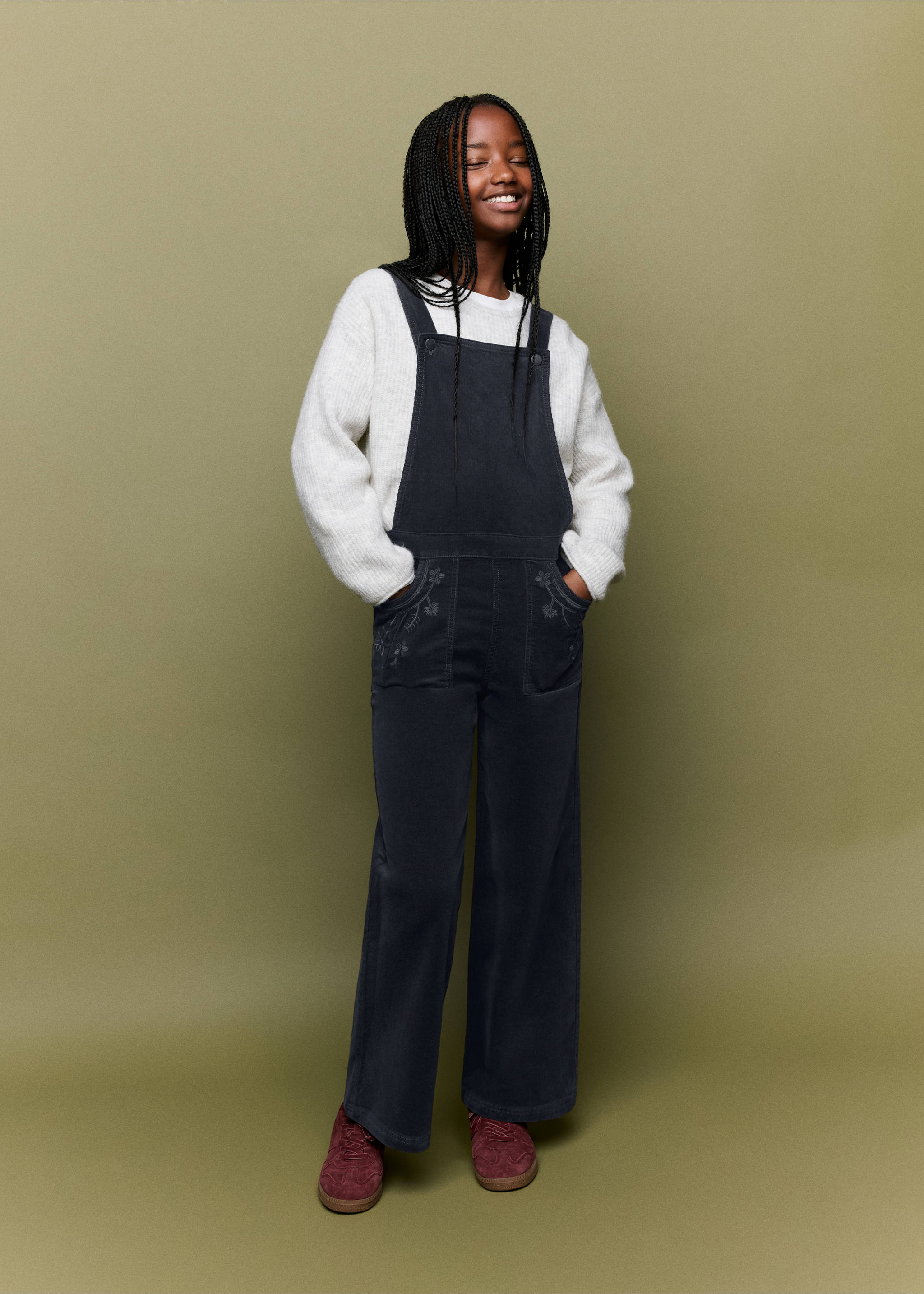 Dark grey corduroy dungarees with wide legs and floral embroidery worn over a cream sweater., Grey. Ref: 37059136-00.