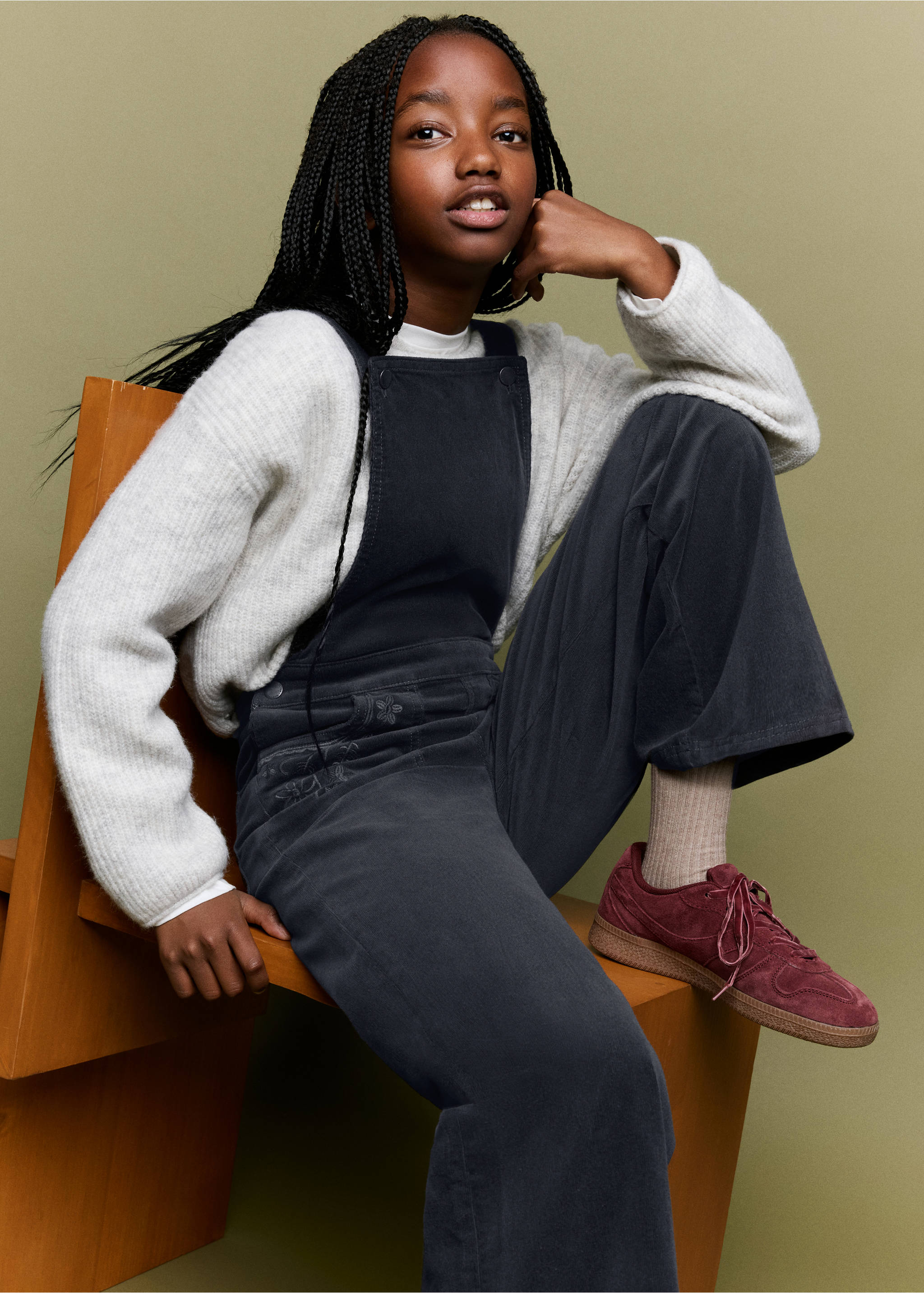 Dark grey corduroy dungarees worn with a cream knit sweater., Grey. Ref: 37059136-00.