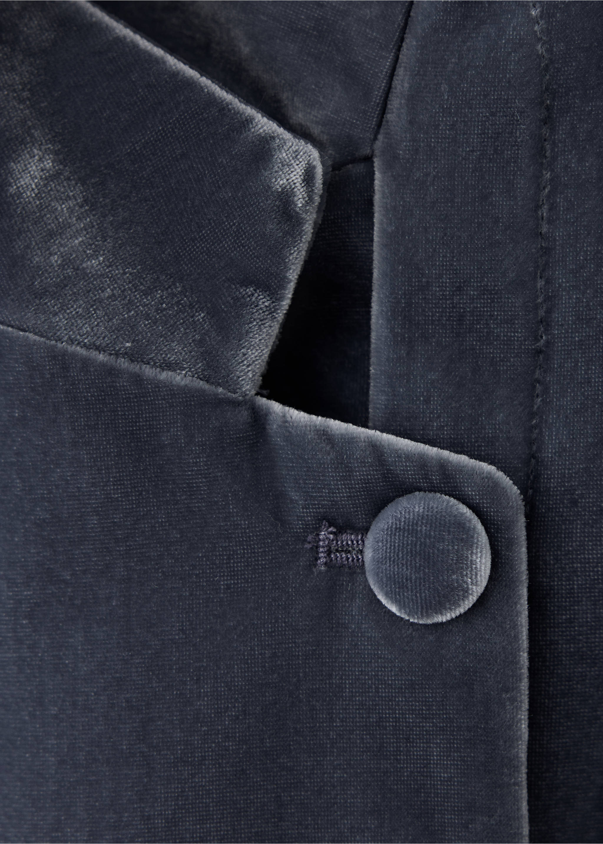Close-up of a dark grey velvet blazer lapel and fabric-covered button., Grey. Ref: 37059137-00.