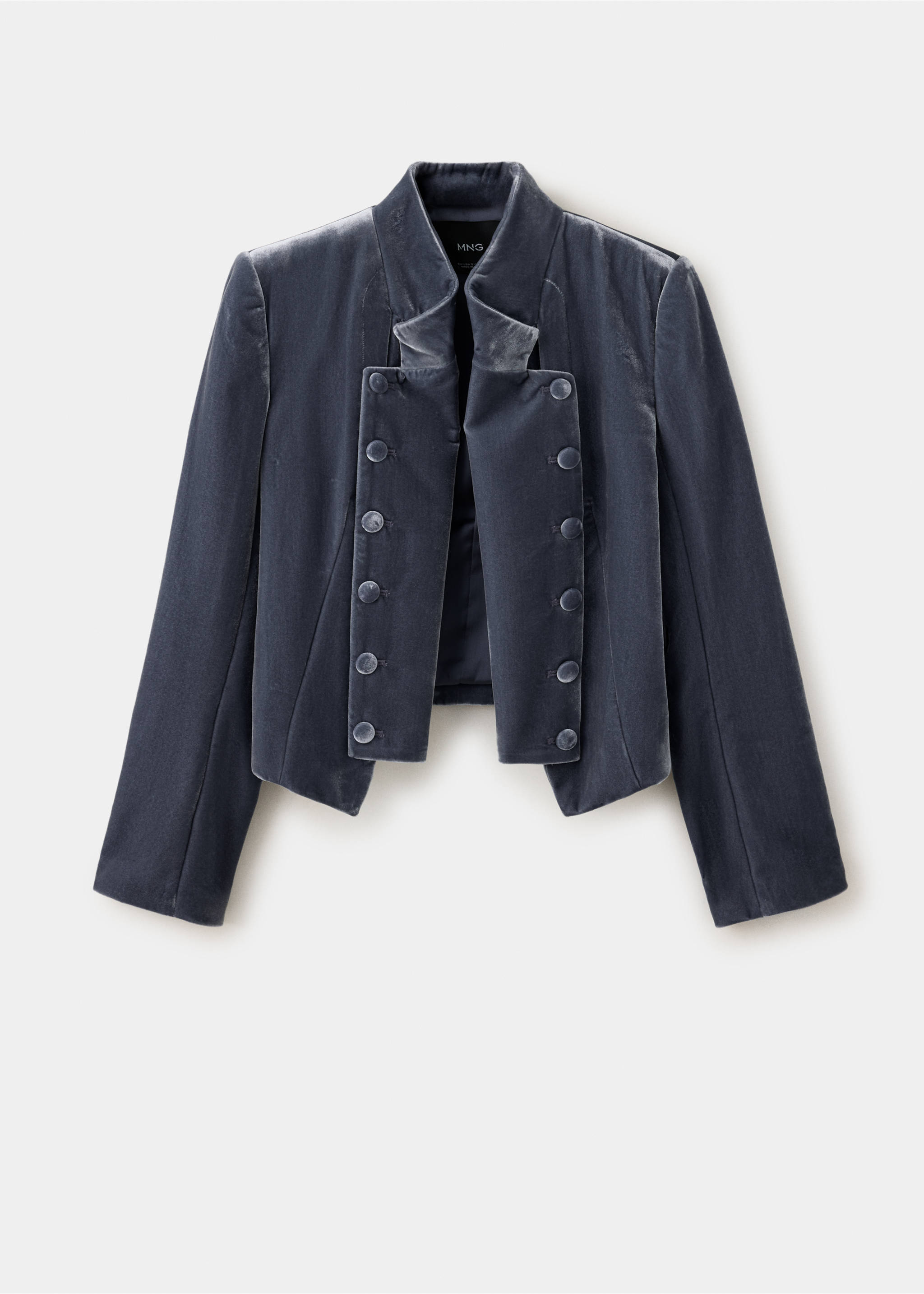 Dark grey velvet cropped blazer with a mandarin collar and double-breasted button fastening., Grey. Ref: 37059137-00.