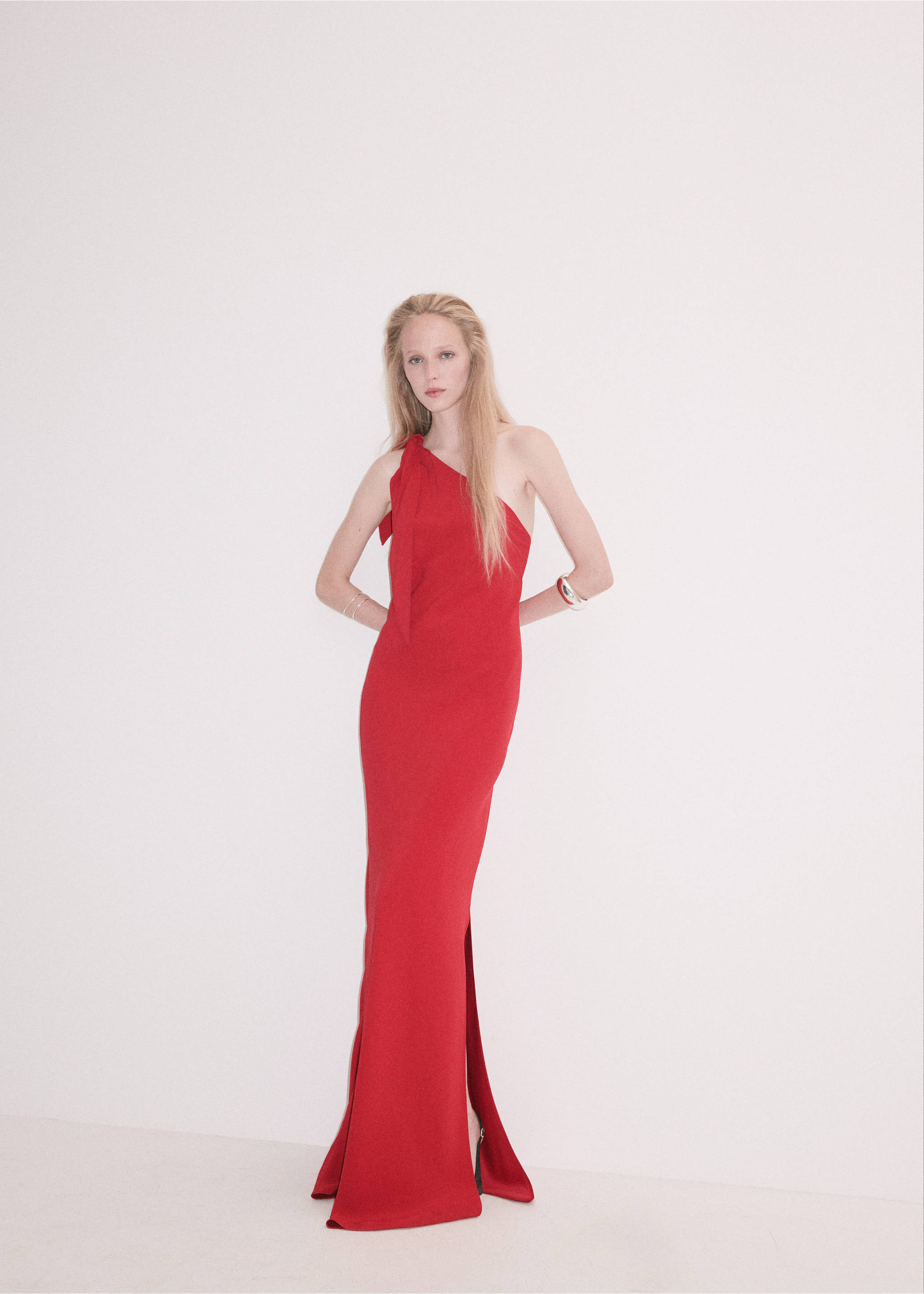 Red one-shoulder maxi dress with shoulder tie detail and side slit., Red. Ref: 37059138-00.