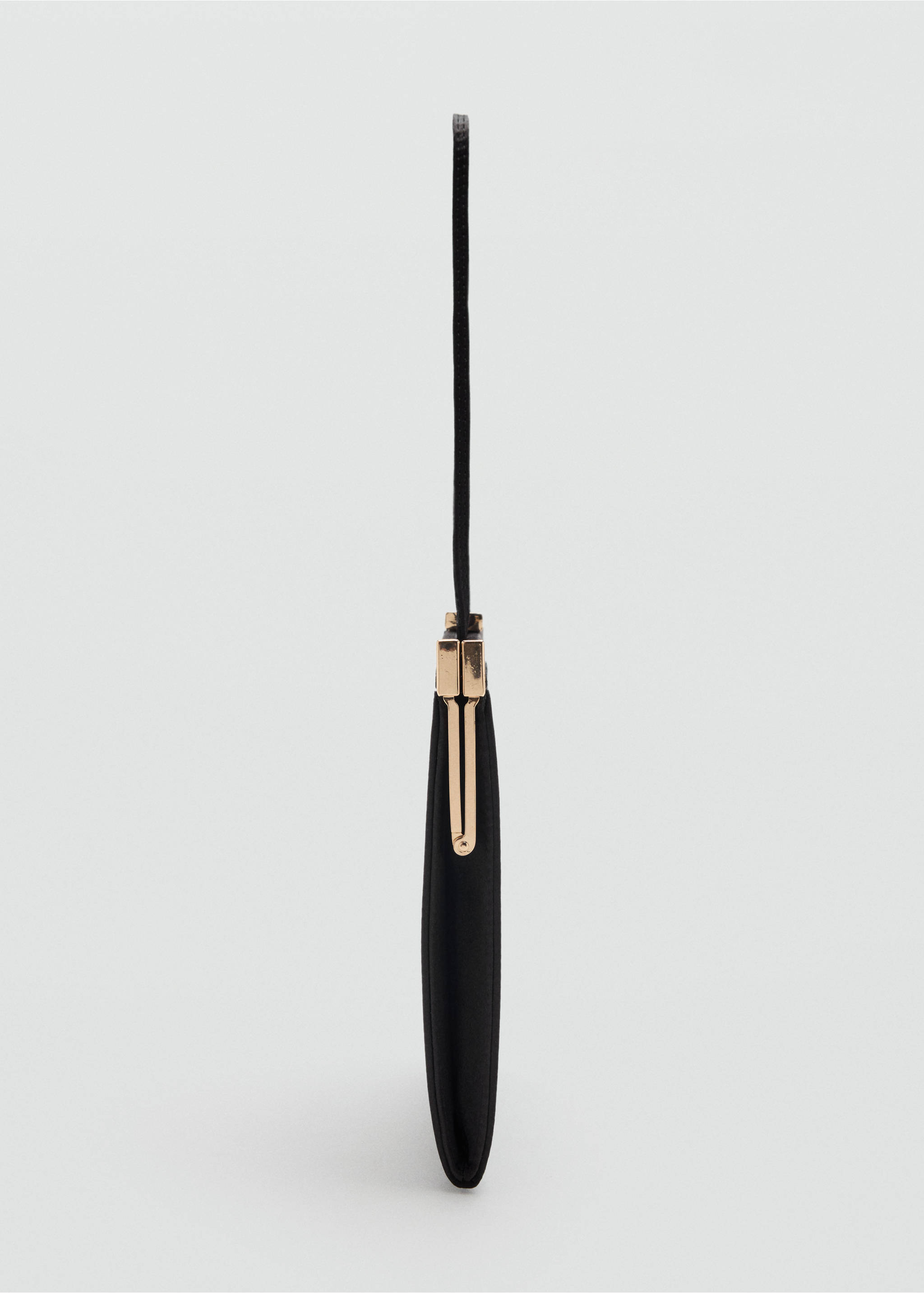 Close-up side view of a slim black handbag with a metallic clasp., Black. Ref: 37059139-00.