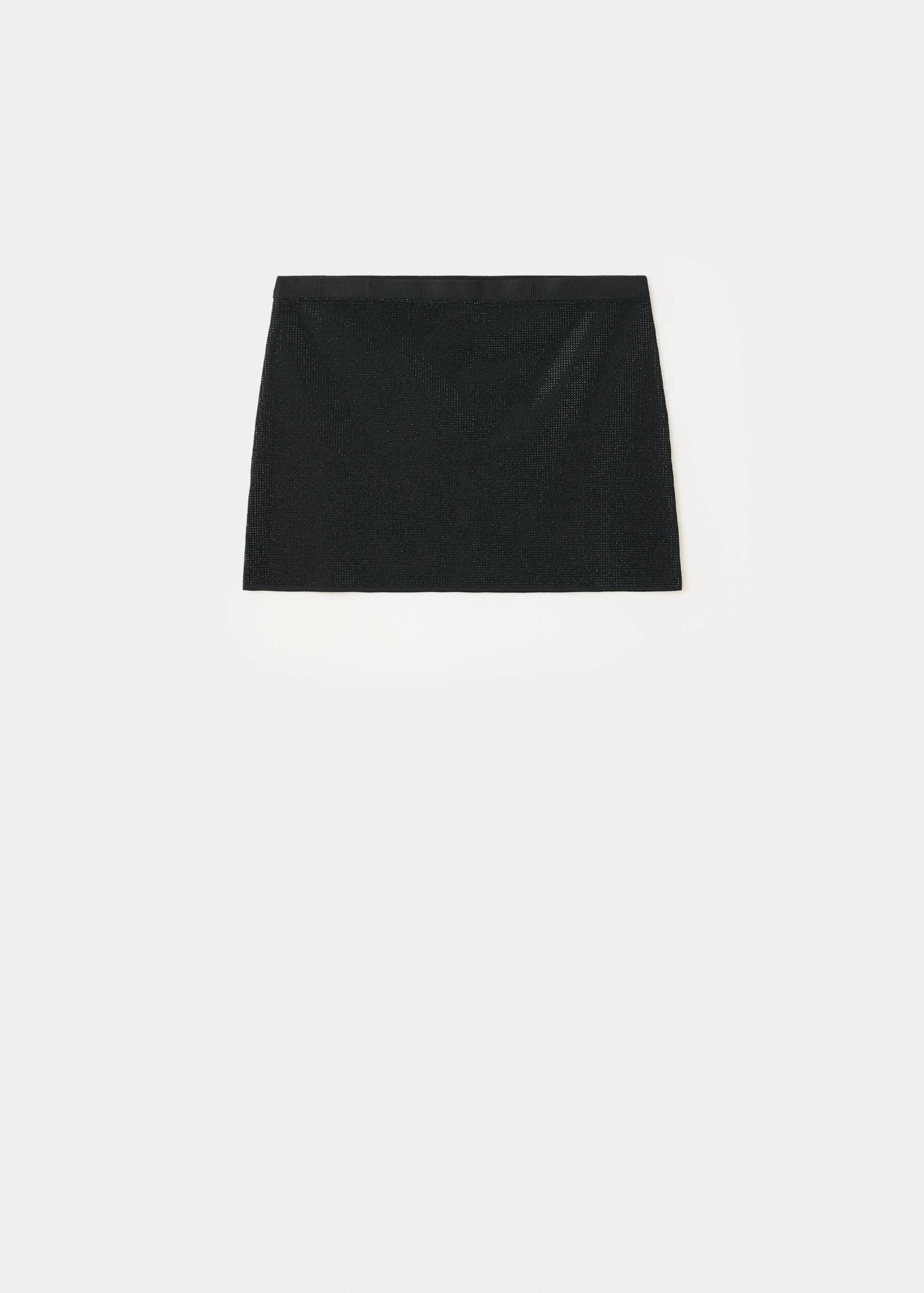 Black mini skirt in a straight, fitted silhouette.