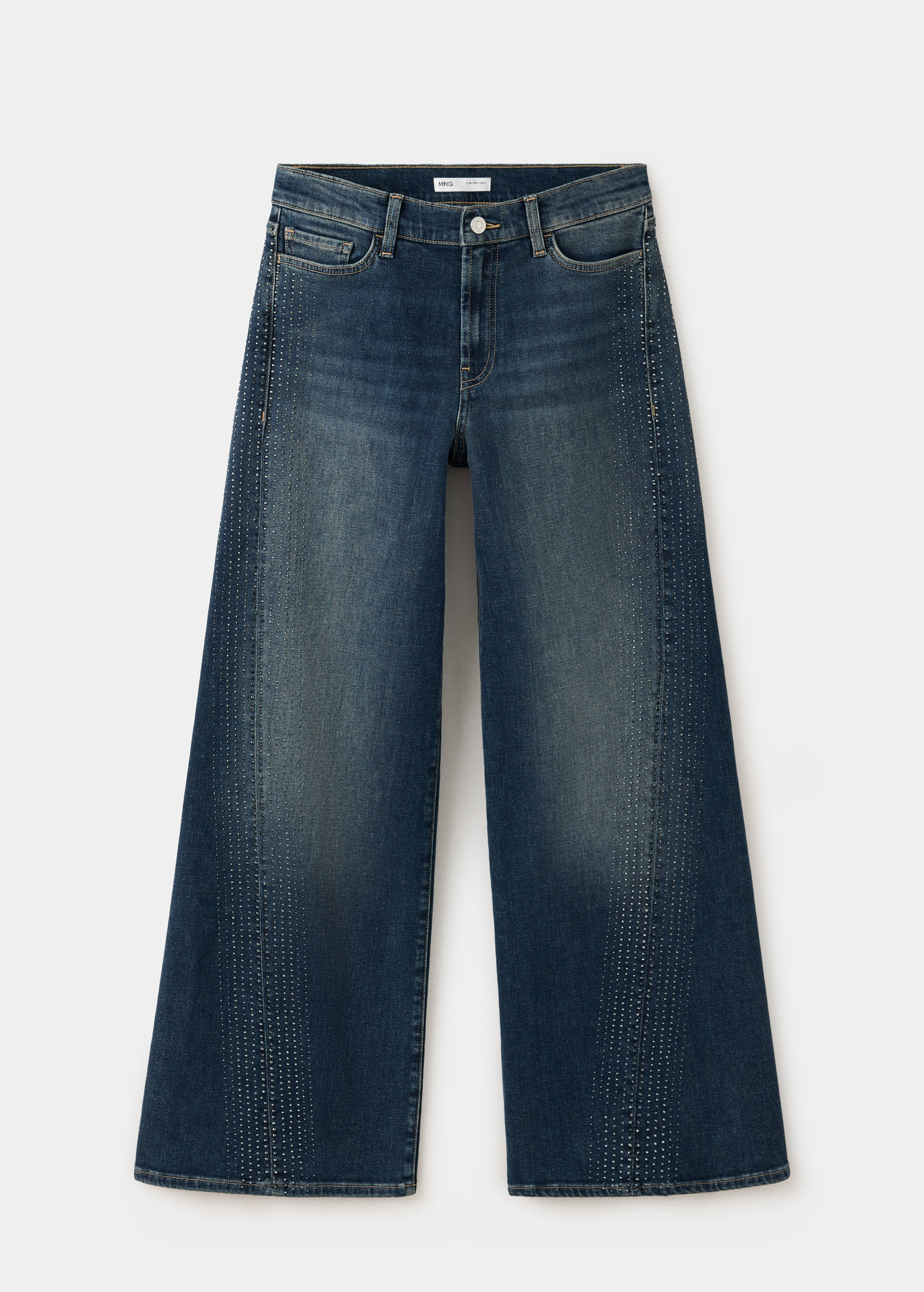 Dark blue wide-leg denim trousers with rhinestone-embellished side seams.