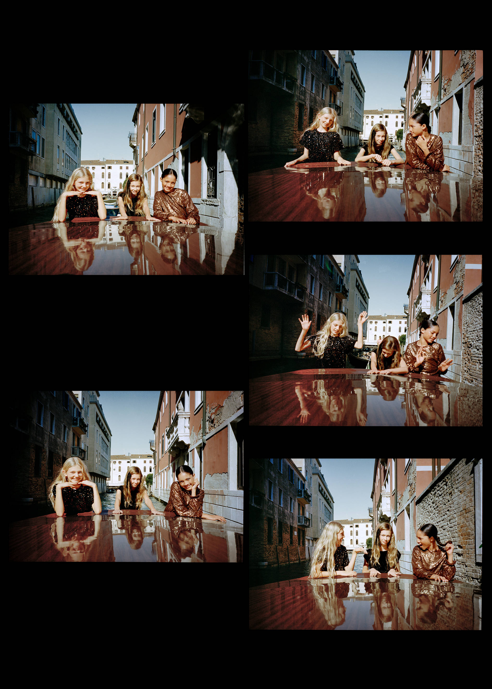 Three girls wearing sequin dresses on a boat in Venice.