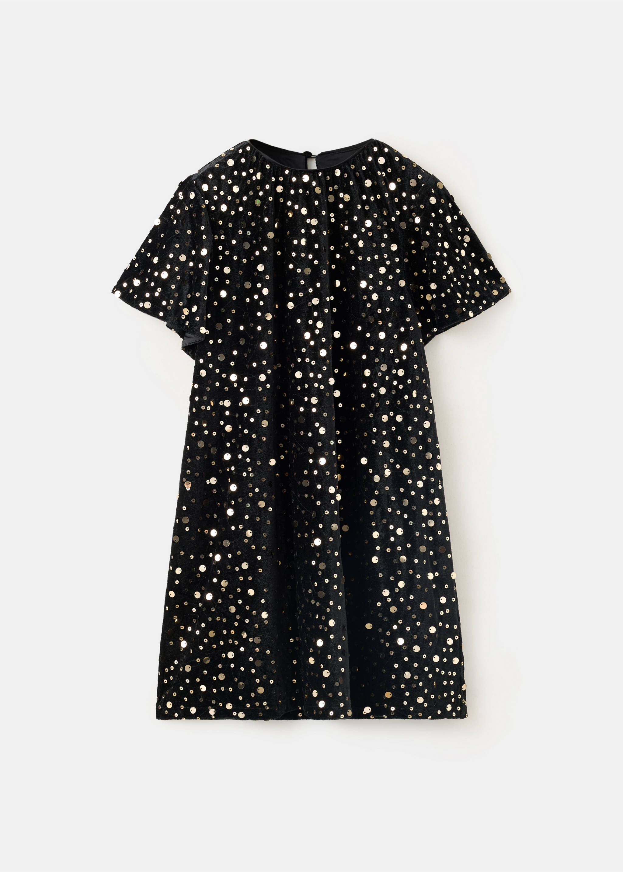 Black short-sleeved dress with scattered gold sequins., Black. Ref: 37059208-00.