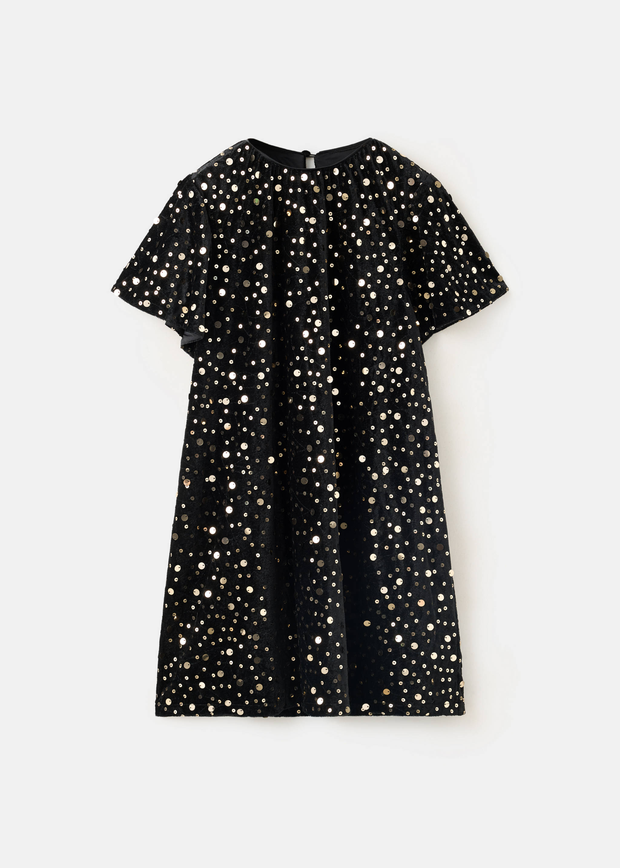 Black short-sleeved dress with scattered gold sequins.