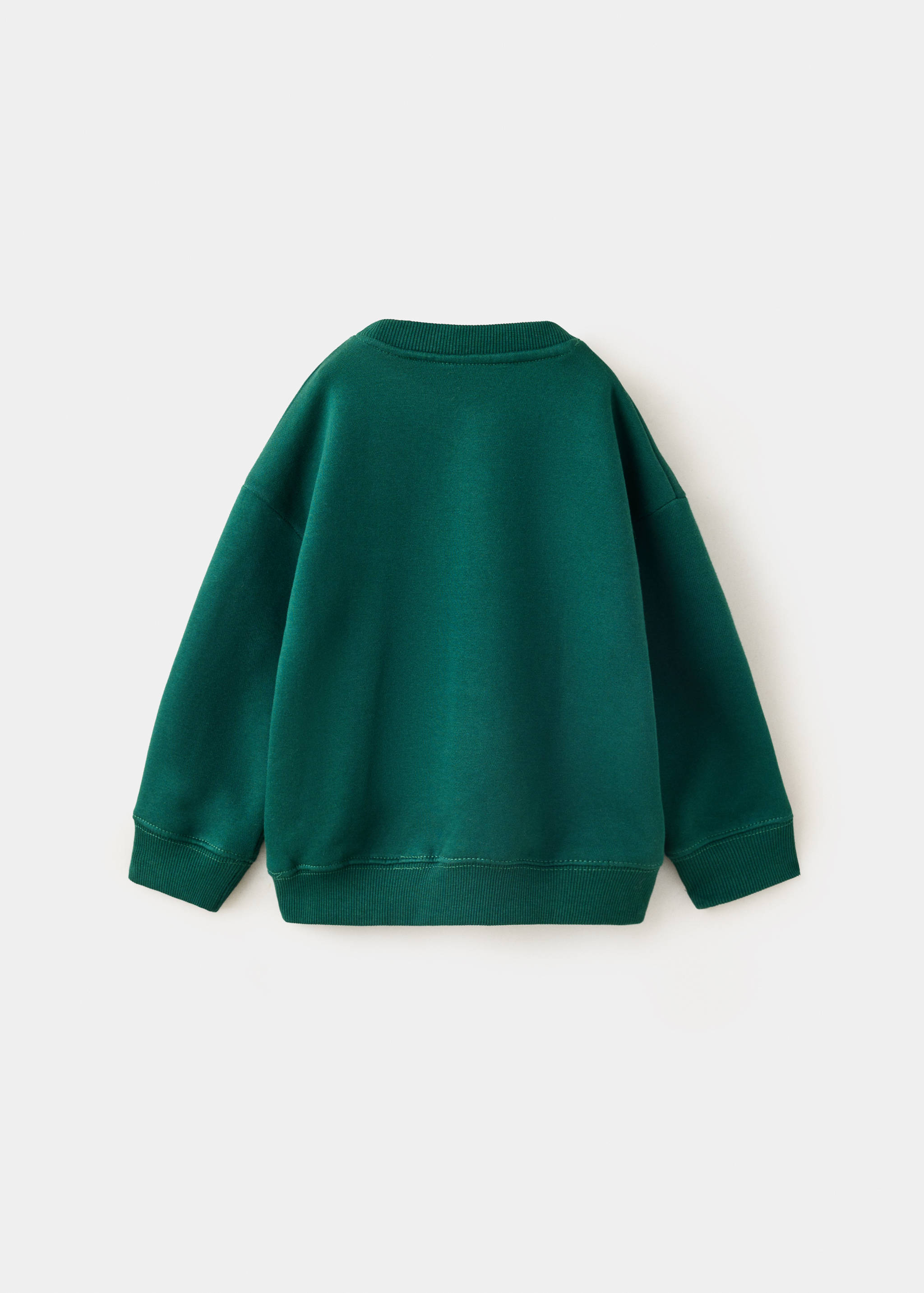 Back view of a dark green kids' sweatshirt with ribbed trims.