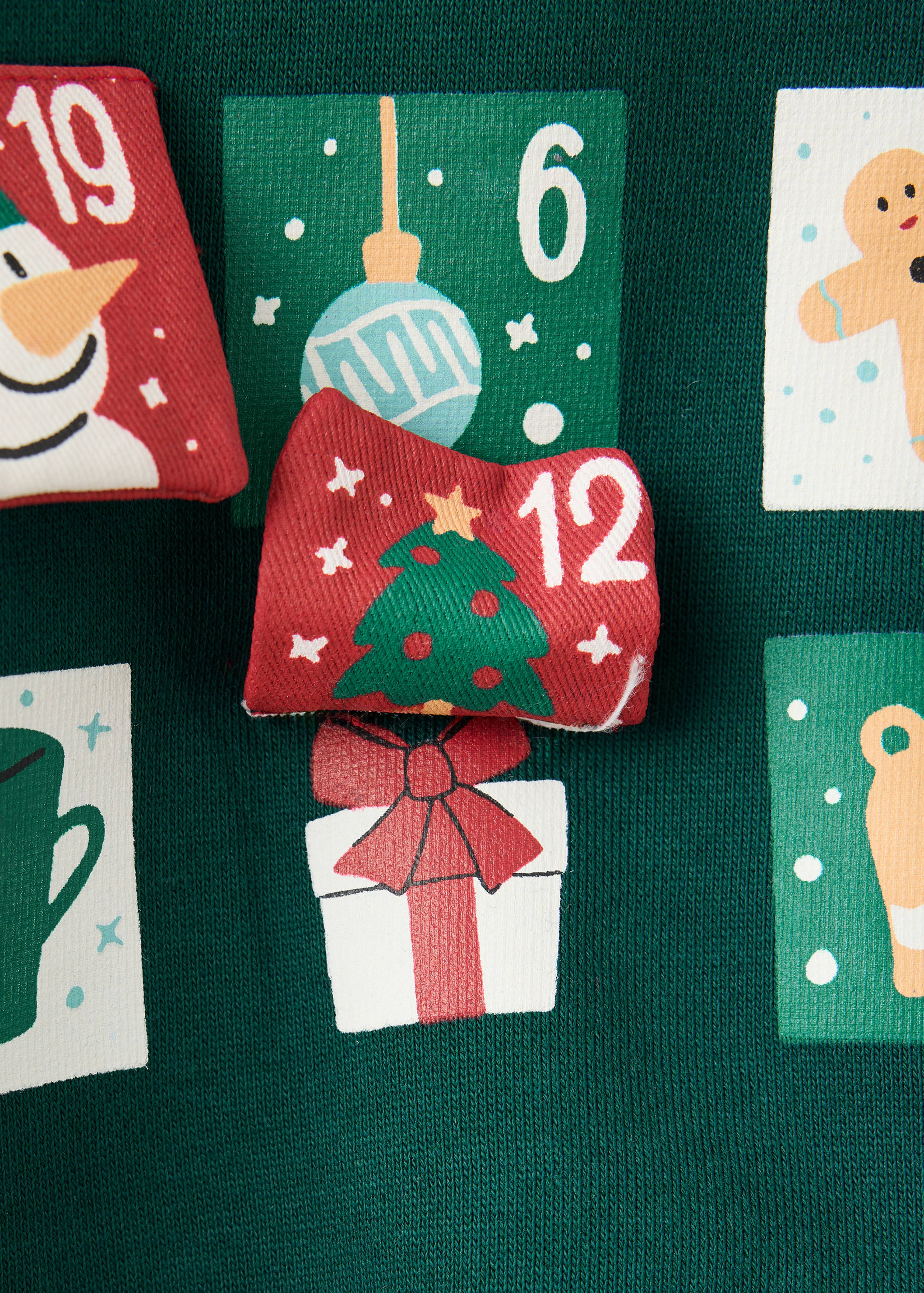 Close-up of a green sweatshirt with interactive Christmas advent calendar pockets.