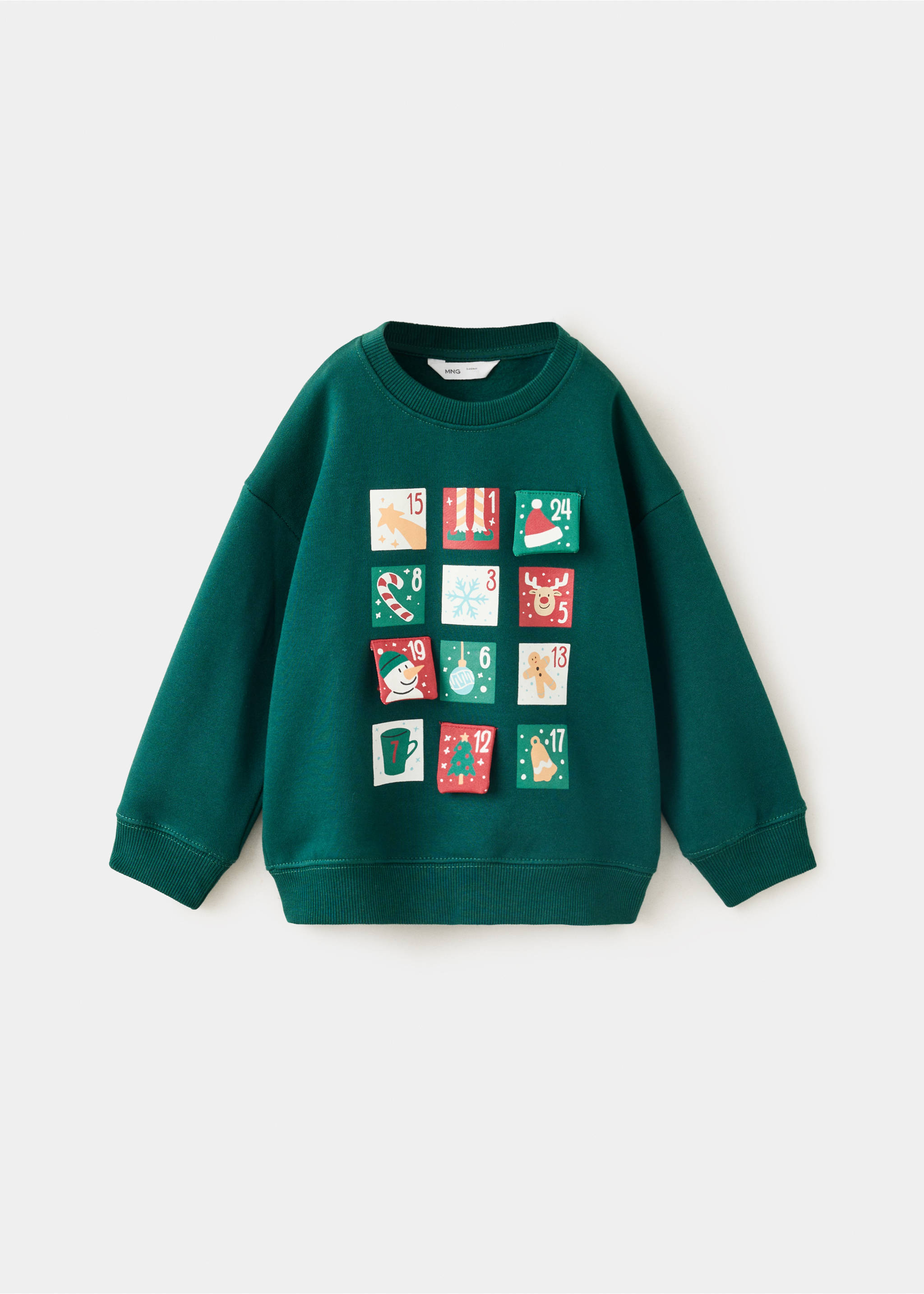 Dark green kids' sweatshirt with a crew neck and a festive advent calendar graphic on the chest., Dark Green. Ref: 37059209-00.