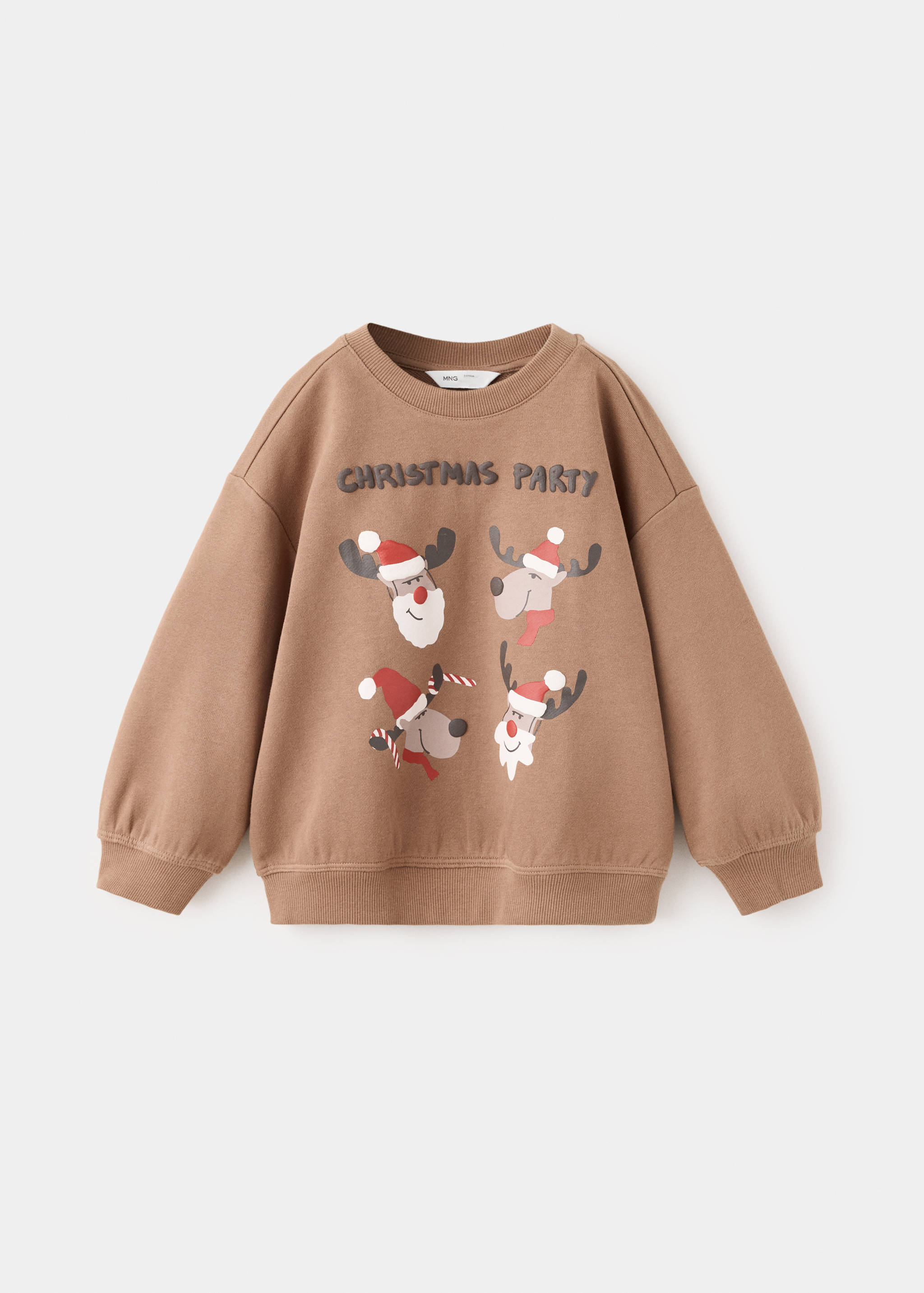 Sudadera marrón de manga larga con estampado navideño de reno.