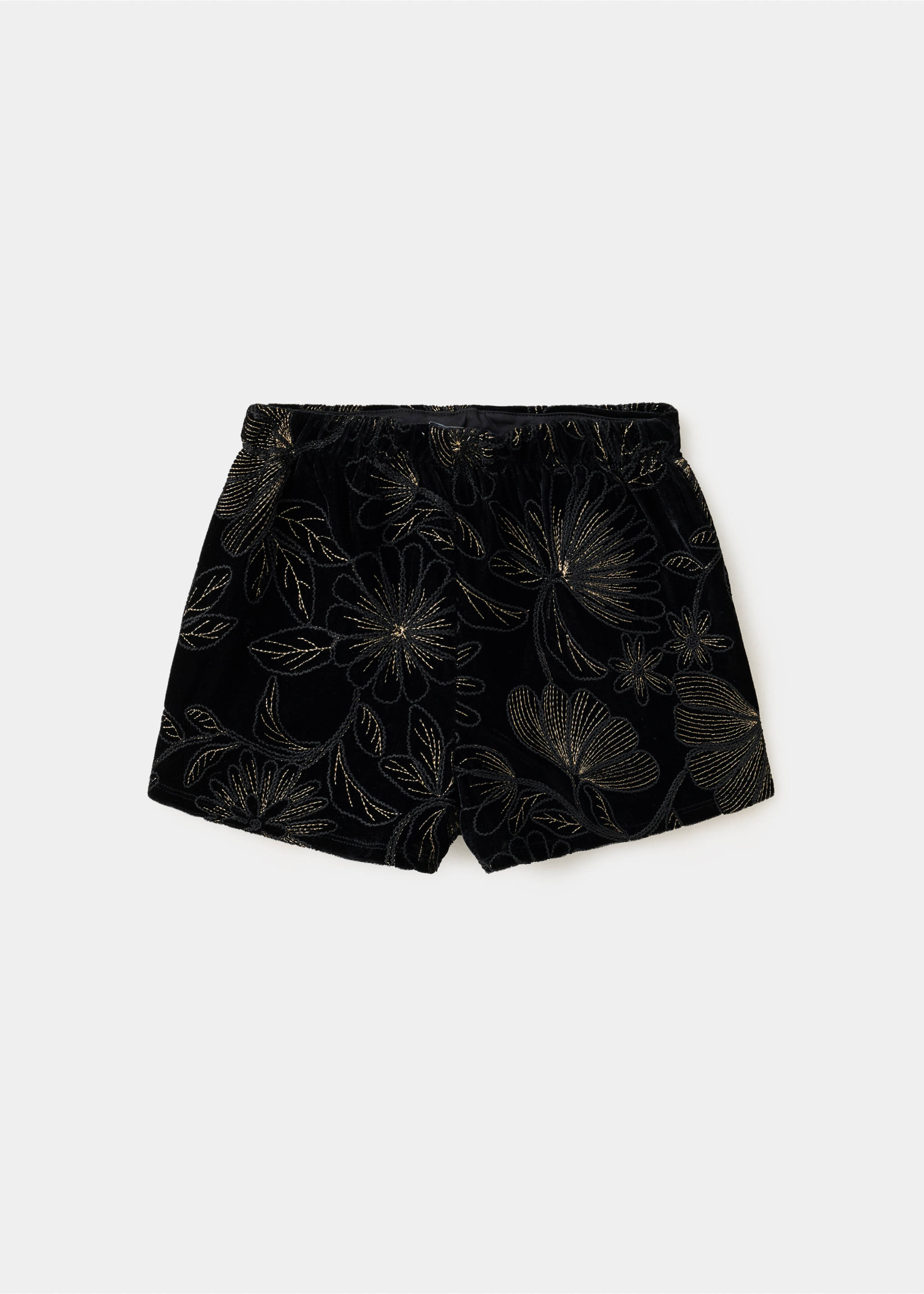 Black velvet shorts with gold floral embroidery, back view., Black. Ref: 37059212-00.